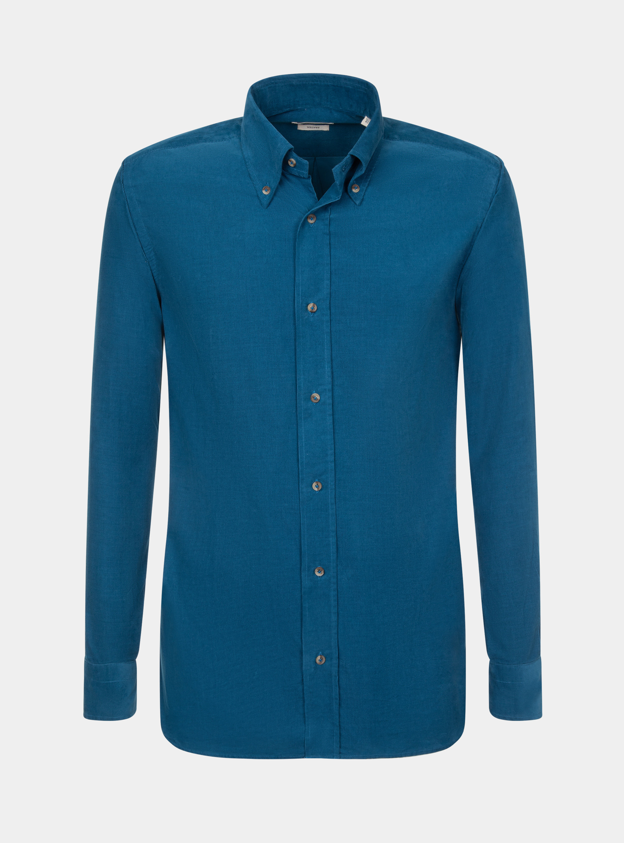 Camicia collo button down in velluto, PETROLIO
