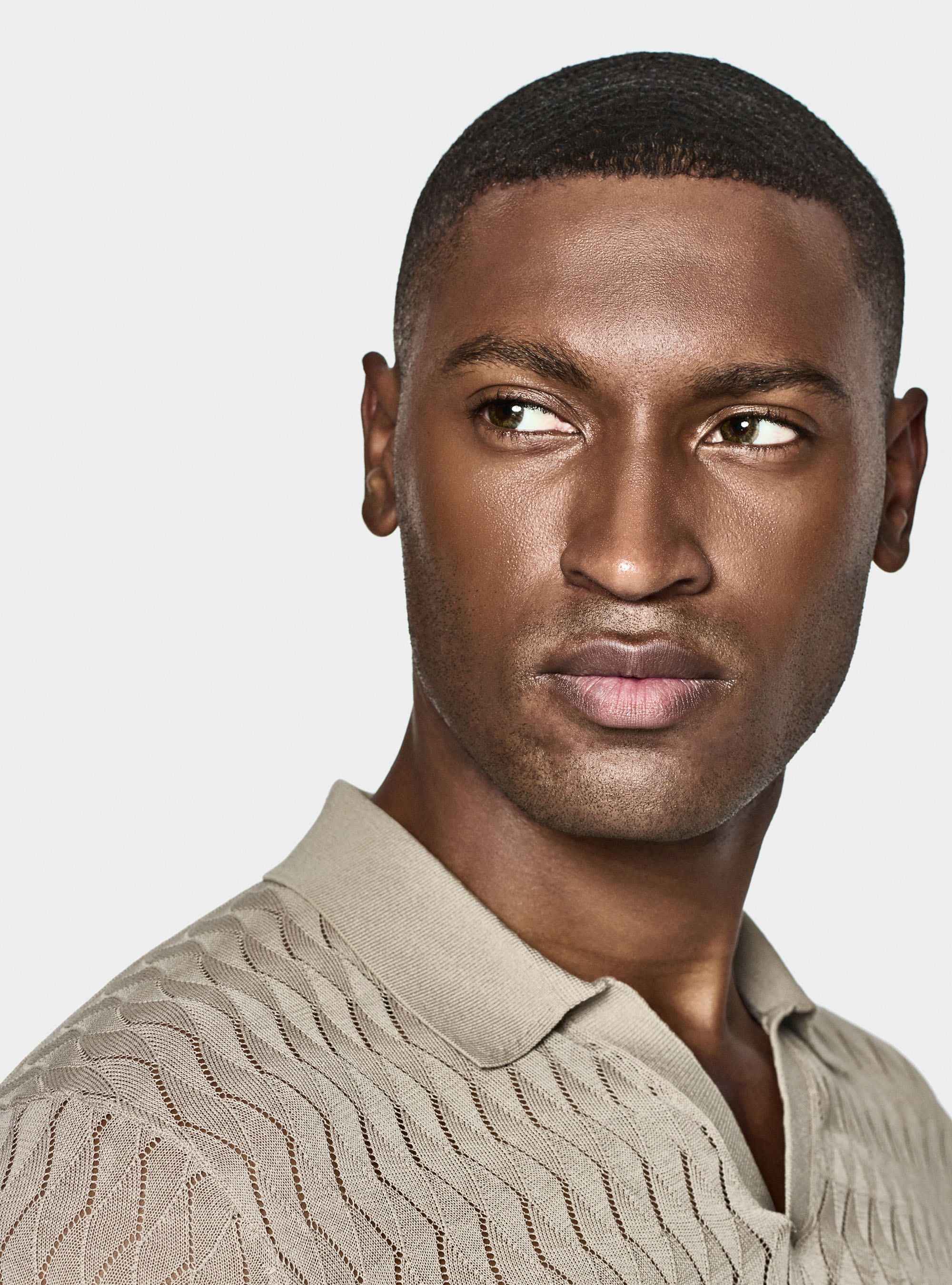 Polo in maglia traforata senza bottoni in cotone e seta, SABBIA