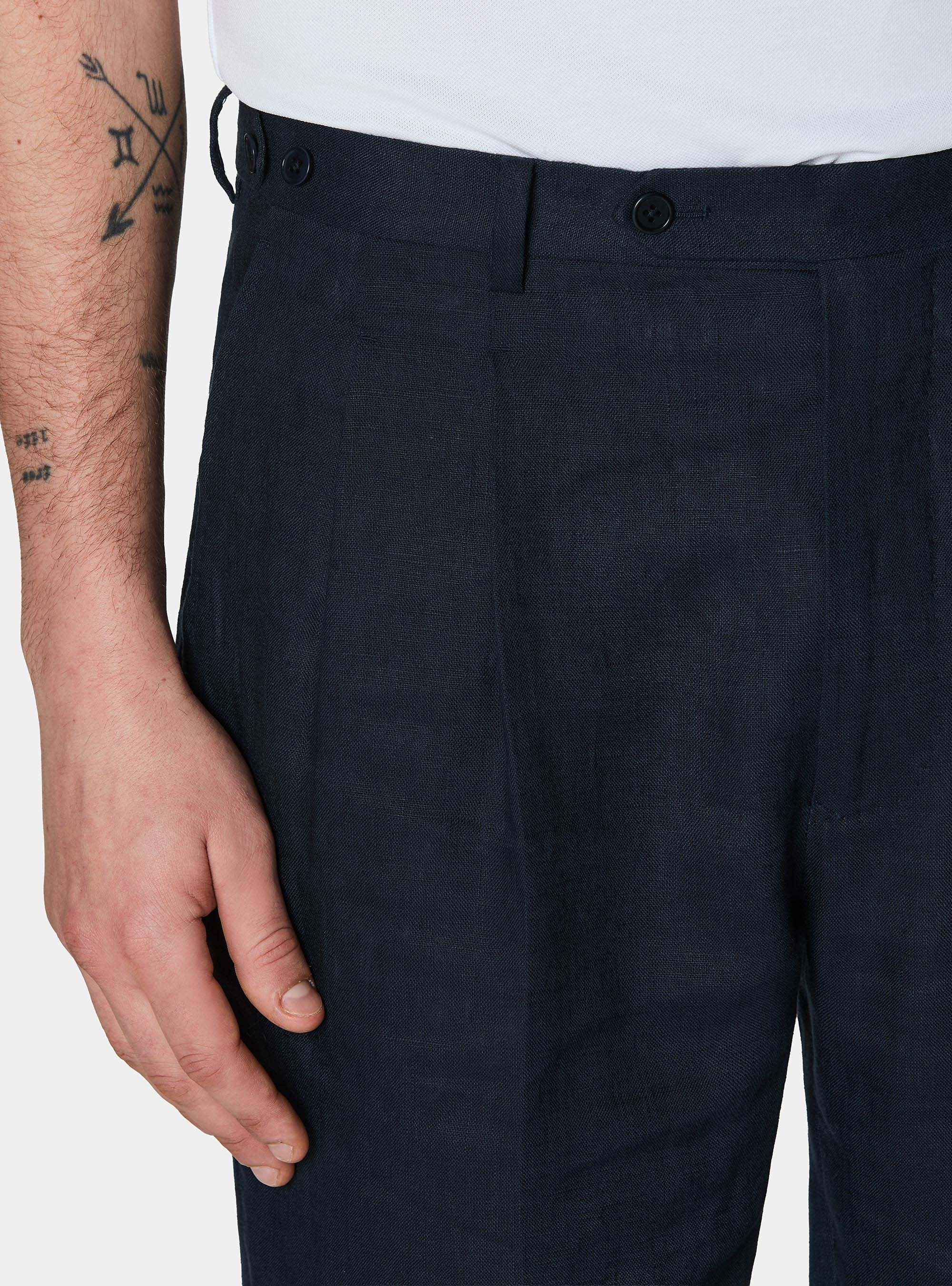 Pantaloni con pince in puro lino, BLU NAVY