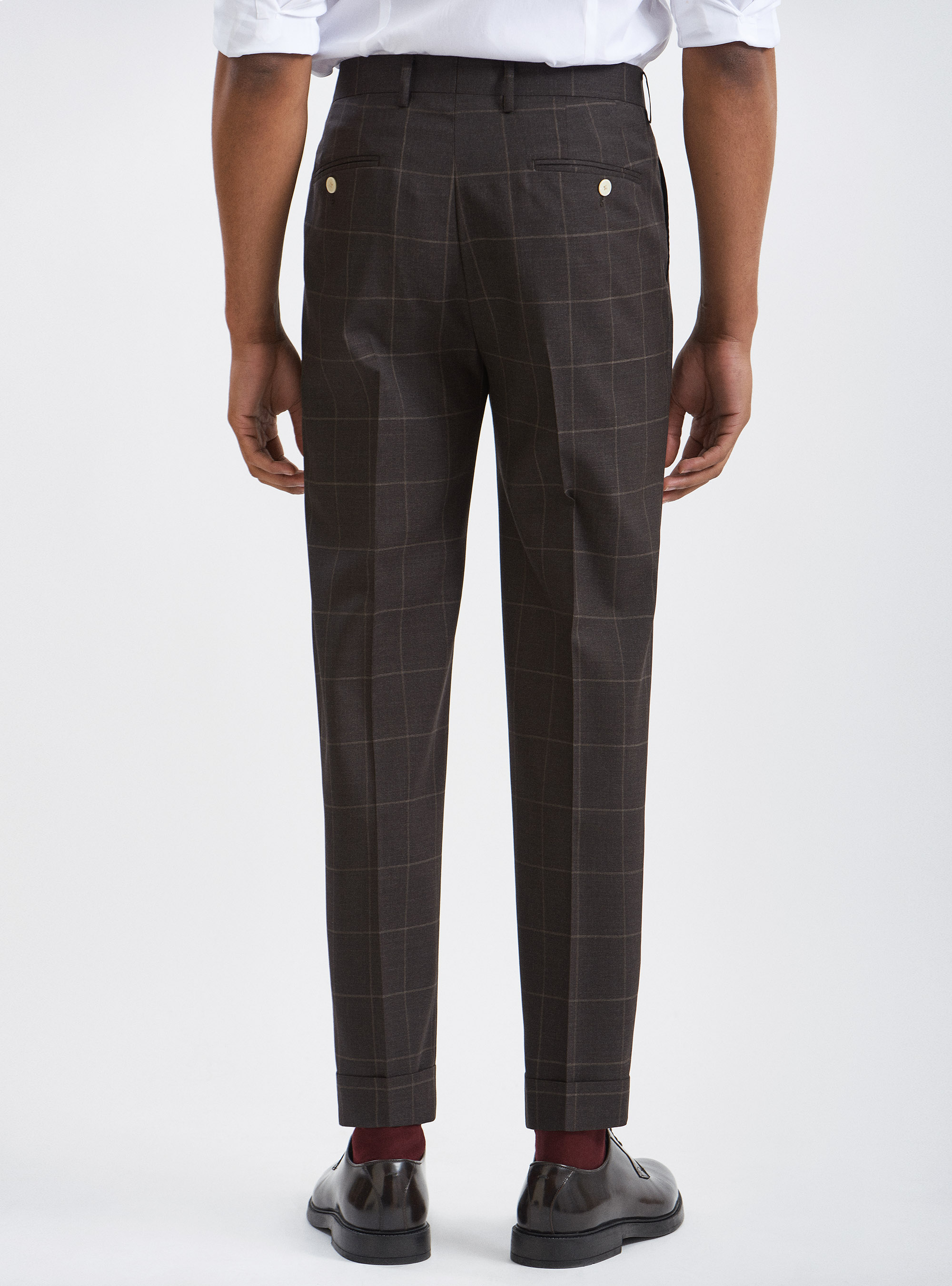 Pantaloni a quadri doppia pince in pura lana tessuto Vitale Barberis Canonico, MARRONE