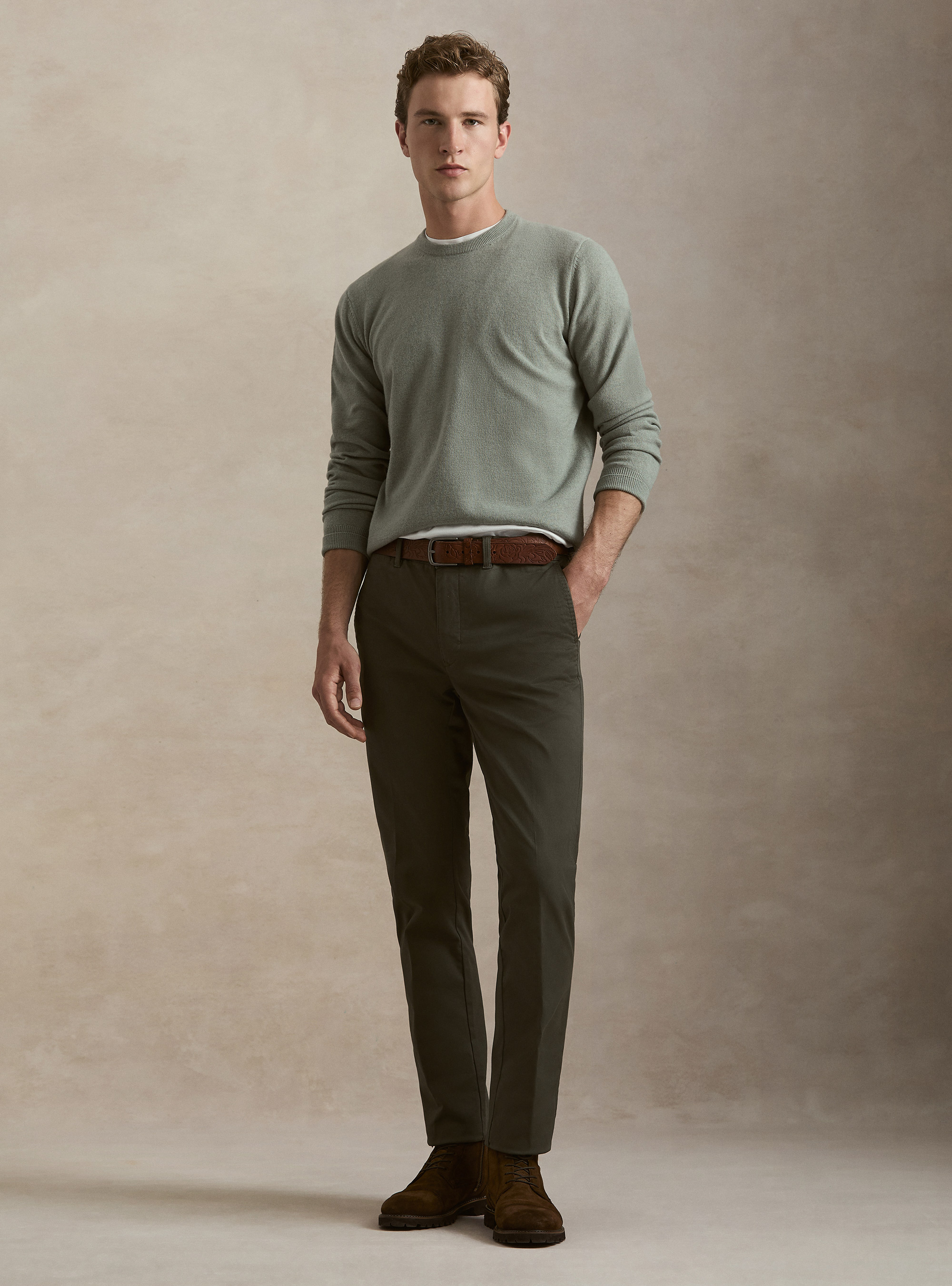Lambswool and cashmere crewneck sweater, VERDE GIADA 0655C