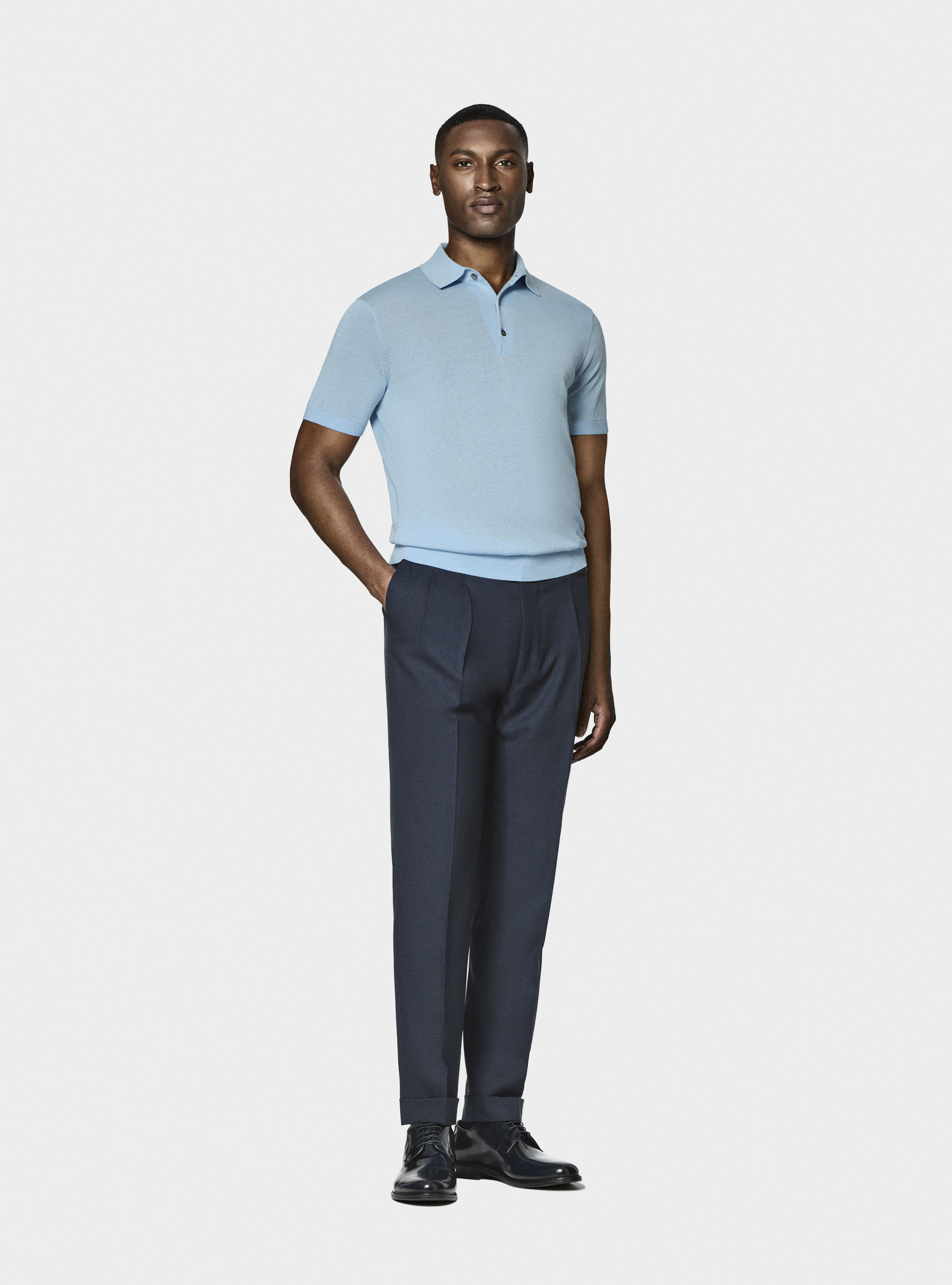 Maglia a polo in cotone e seta, AZZURRO