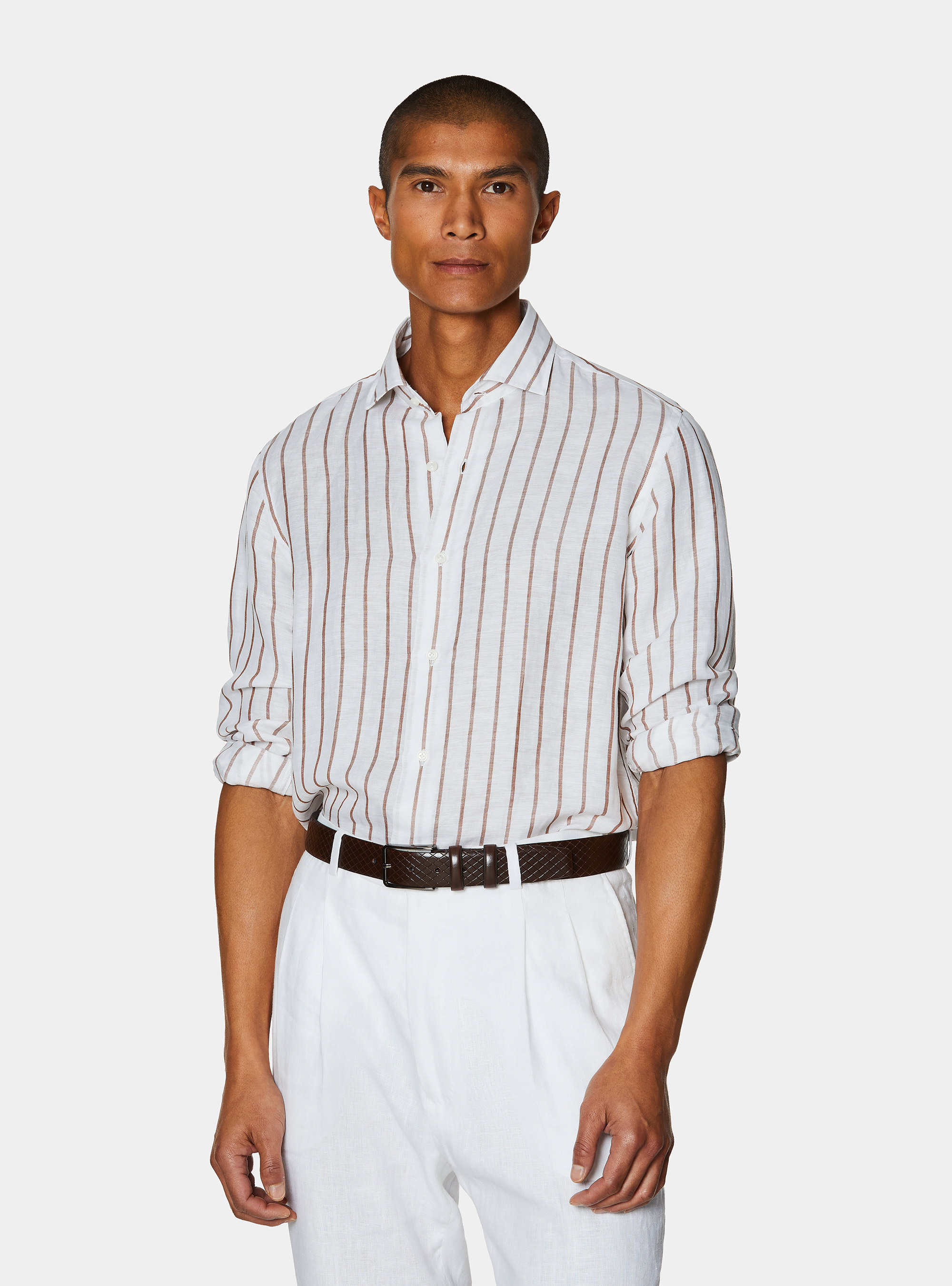 Camisa de rayas en mezcla de lino, MARRON