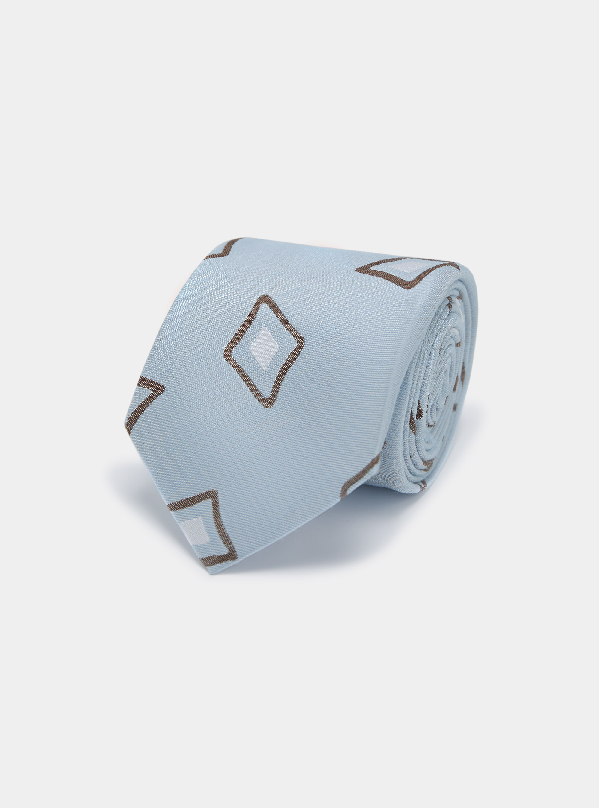 Cravatta in seta e lino fantasia geometrica, AZZURRO