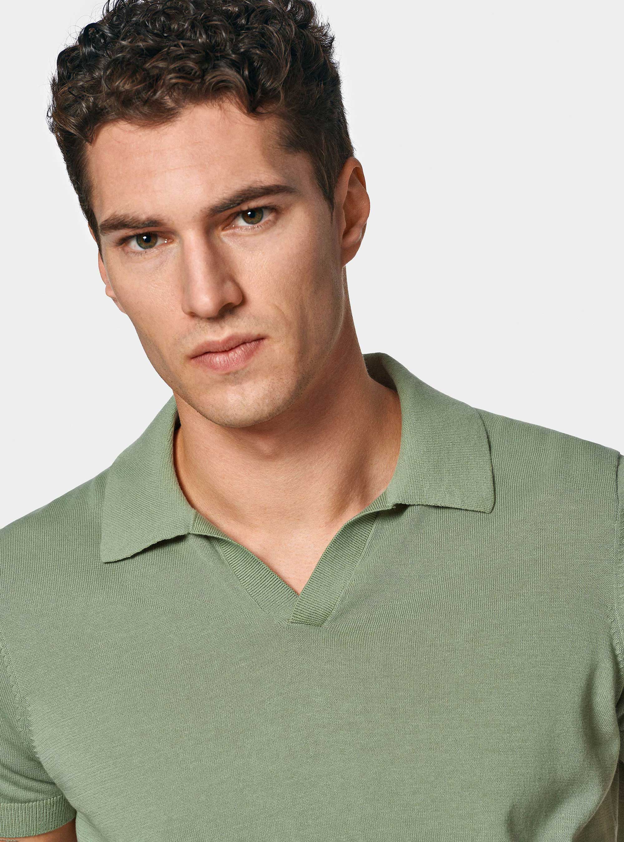 Polo in maglia senza bottoni in cotone extrafine, SALVIA 0602C