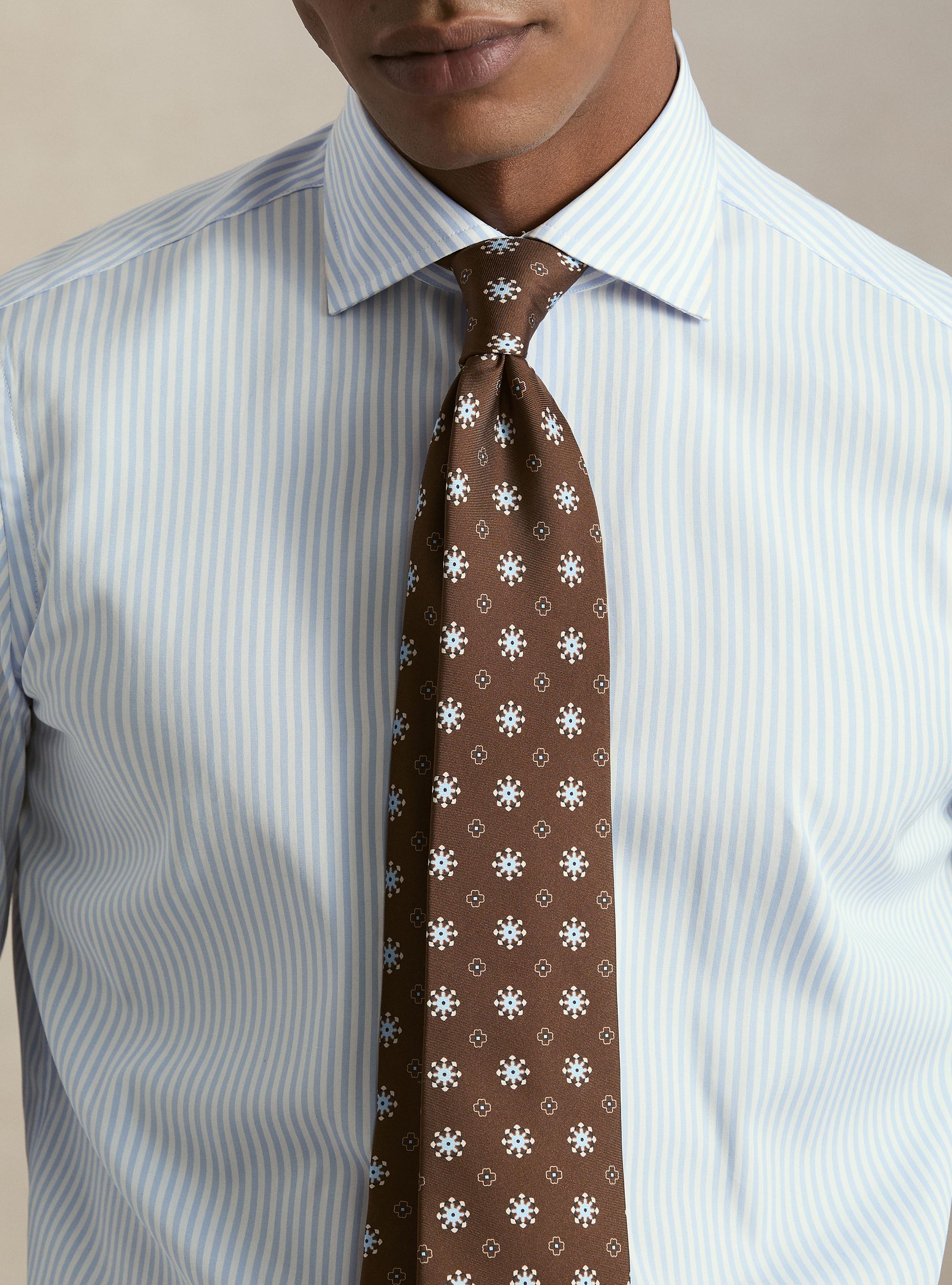 Camicia rigata cotone popeline collo semifrancese, CELESTE