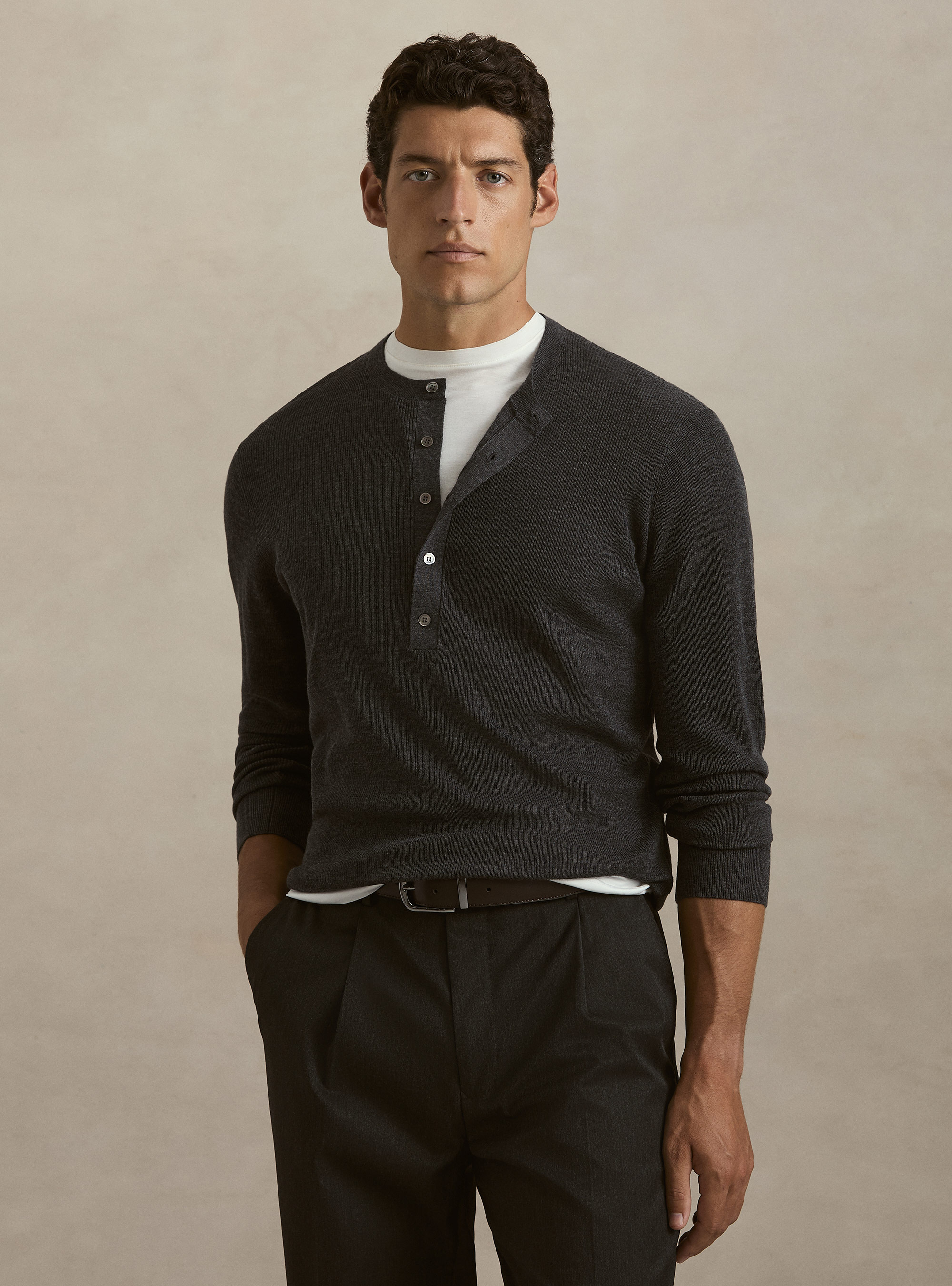 Ribbed wool Henley shirt, ASPHALT GREY
