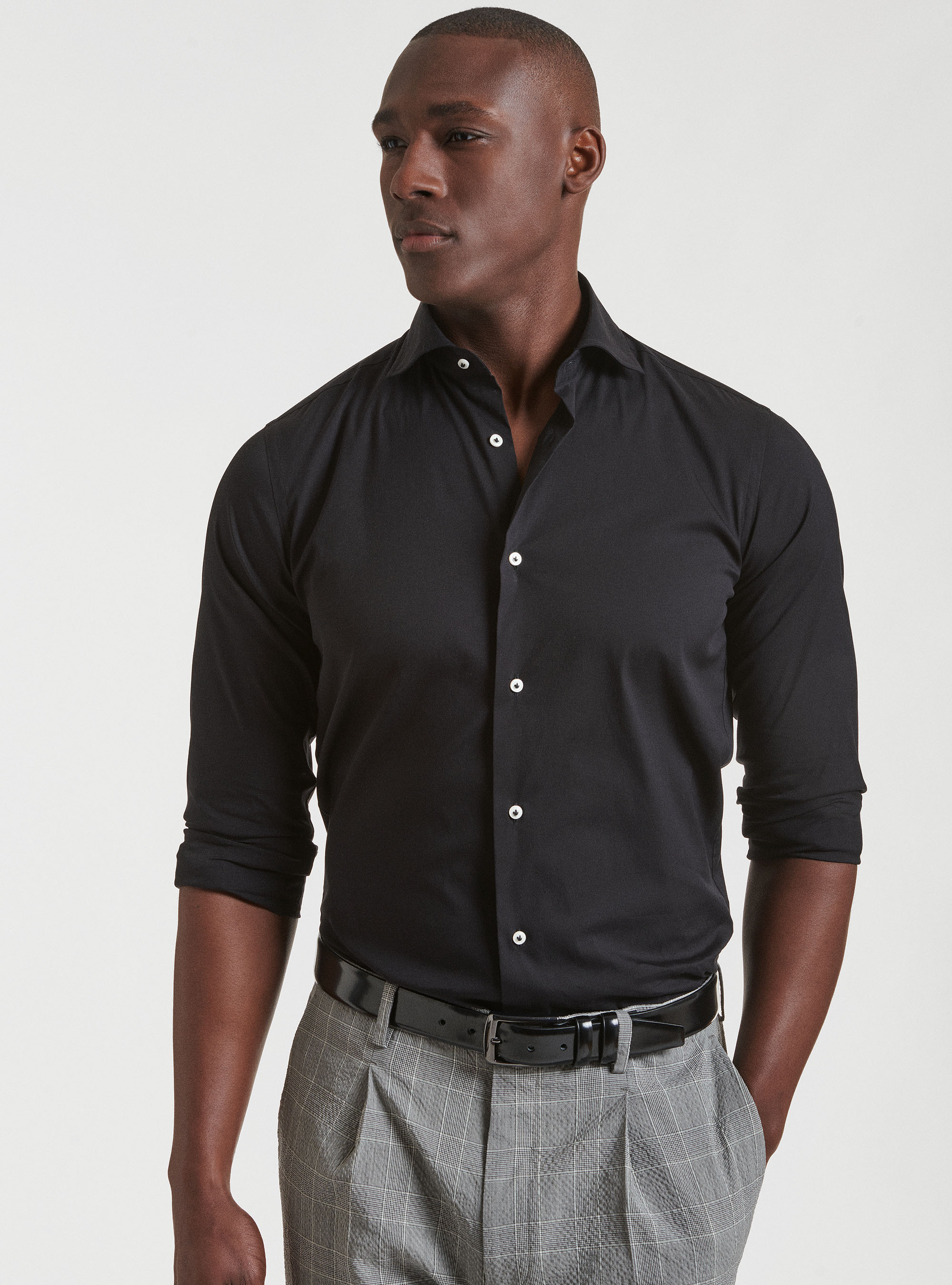 Camicia collo semi francese in popeline stretch, NERO