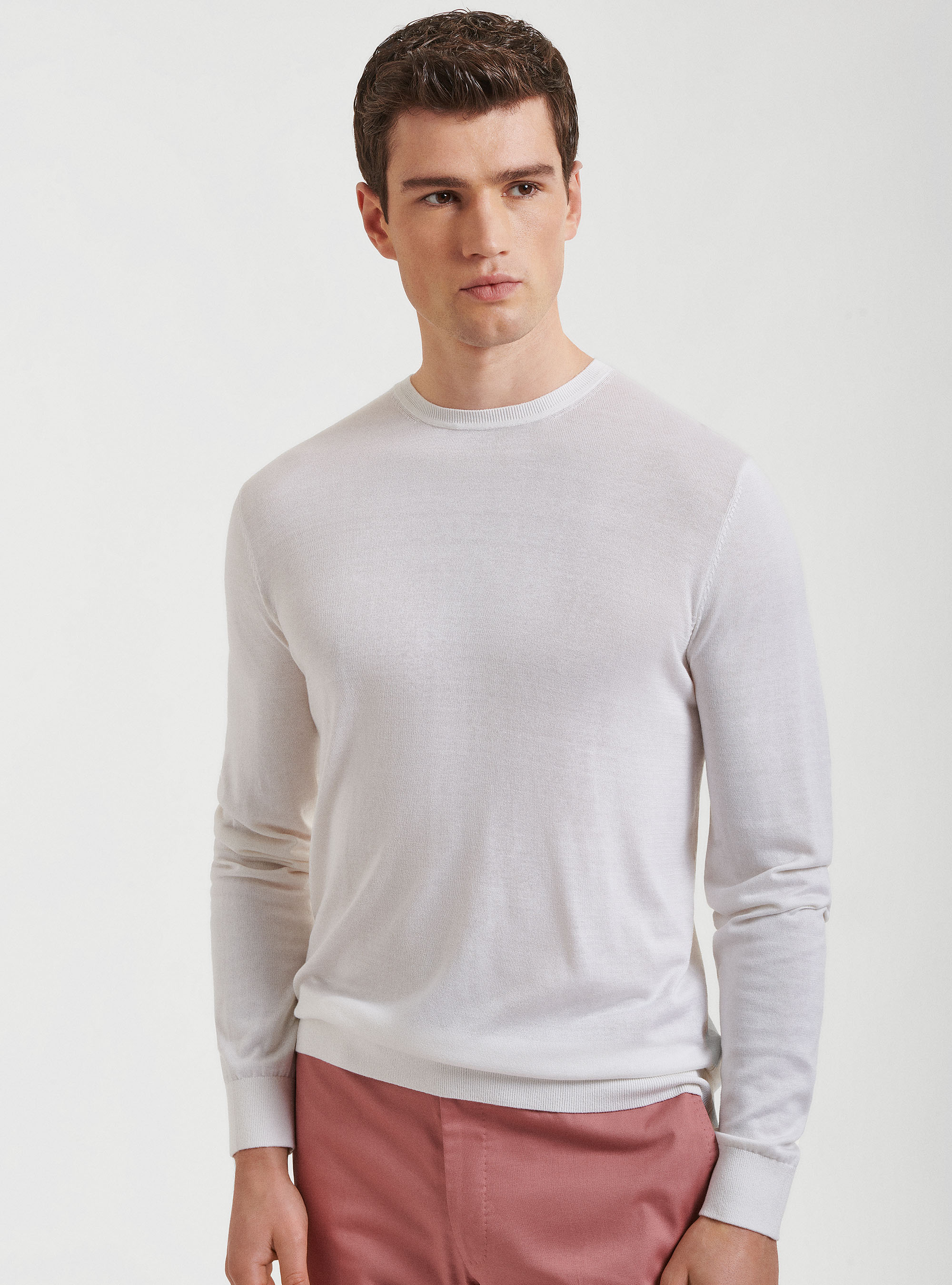 Maglia girocollo in seta e cotone, BIANCO