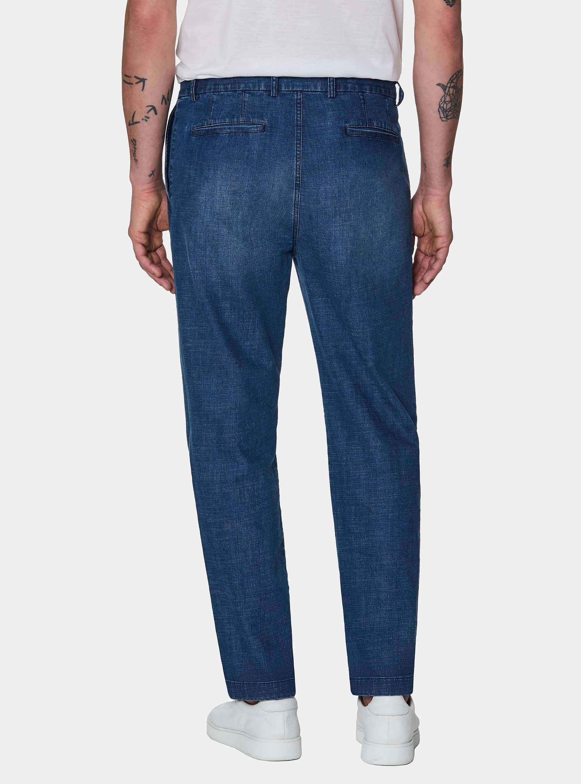 Pantaloni loose fit con pince in cotone chambray, BLU