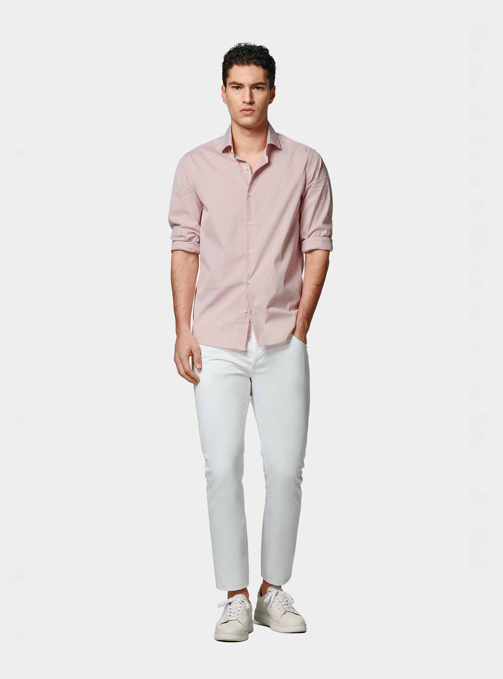 Chemise à rayures en popeline stretch, ROSA SALMONE 0468C