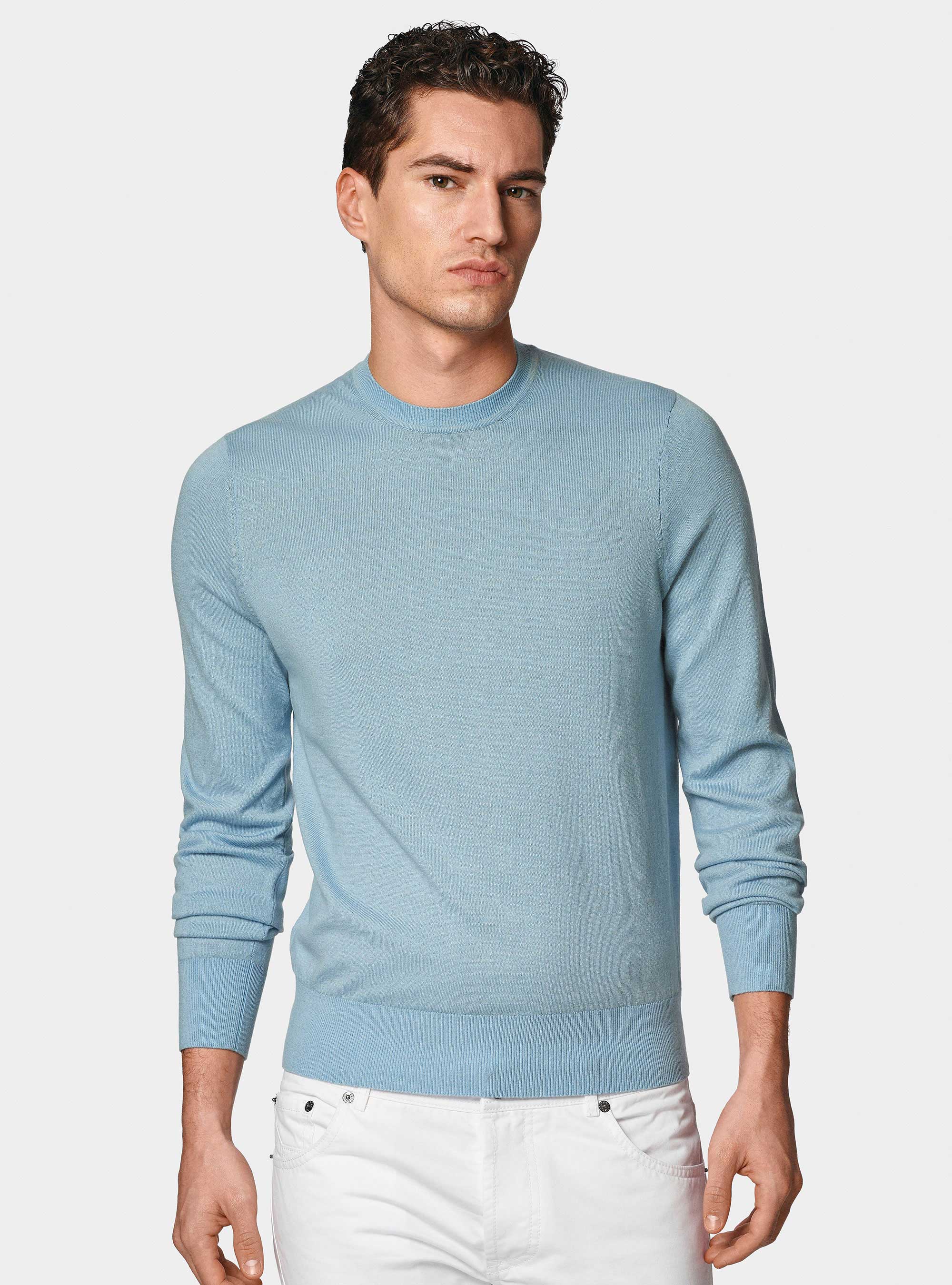 Round-neck sweater in cotton silk and cashmere, LIGHT BLUE