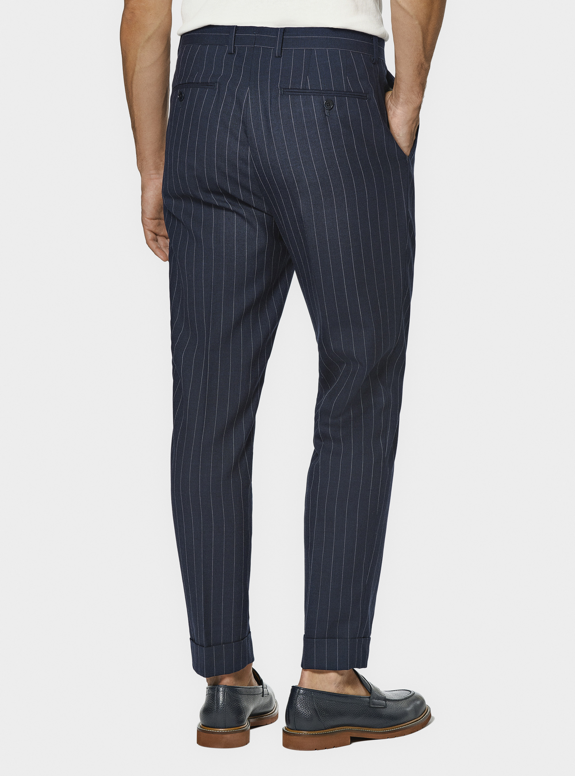 Pure wool pinstripe double-breasted suit trousers, NAVY BLUE