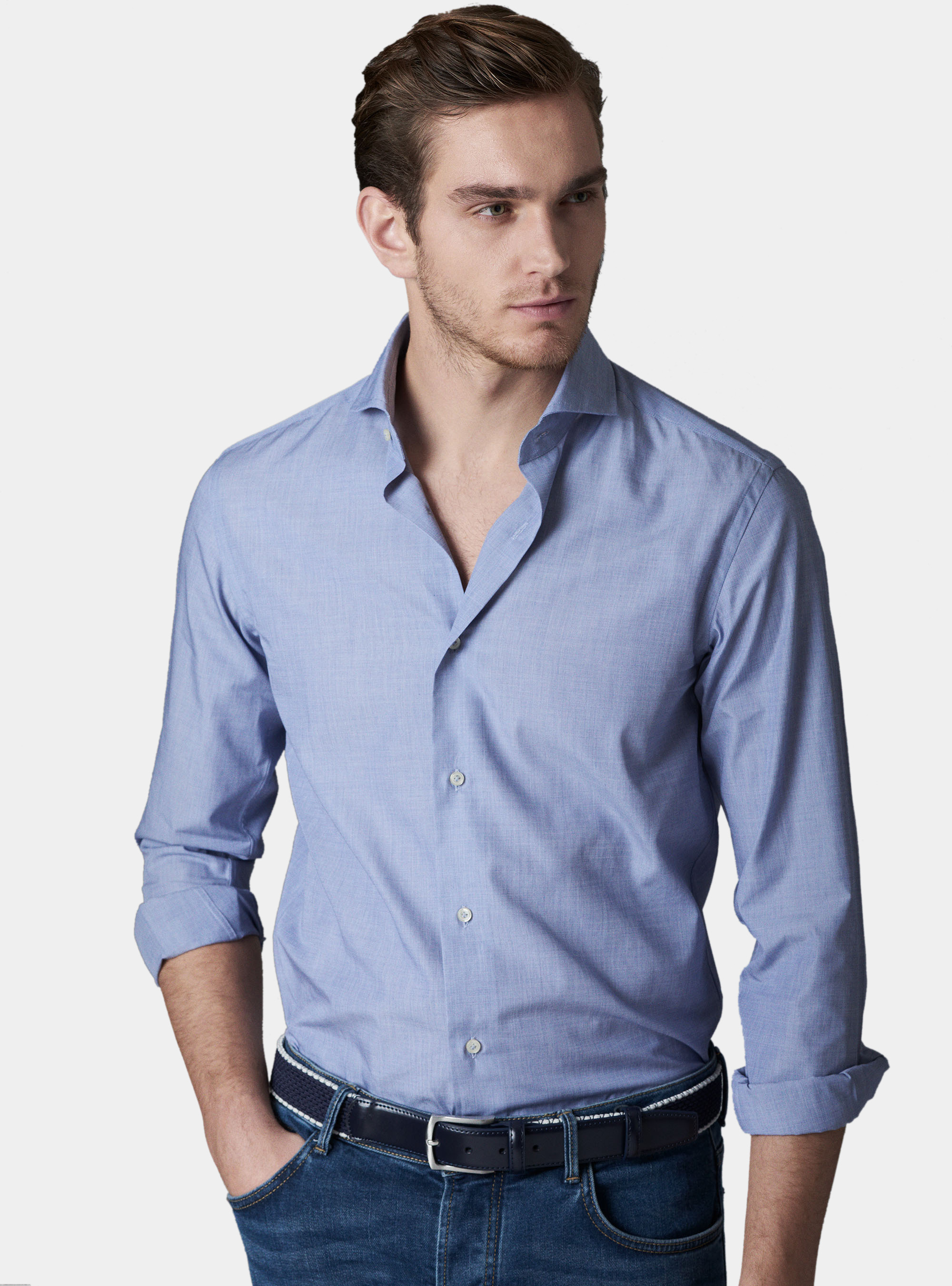 Camicia fil a fil collo francese, BLU