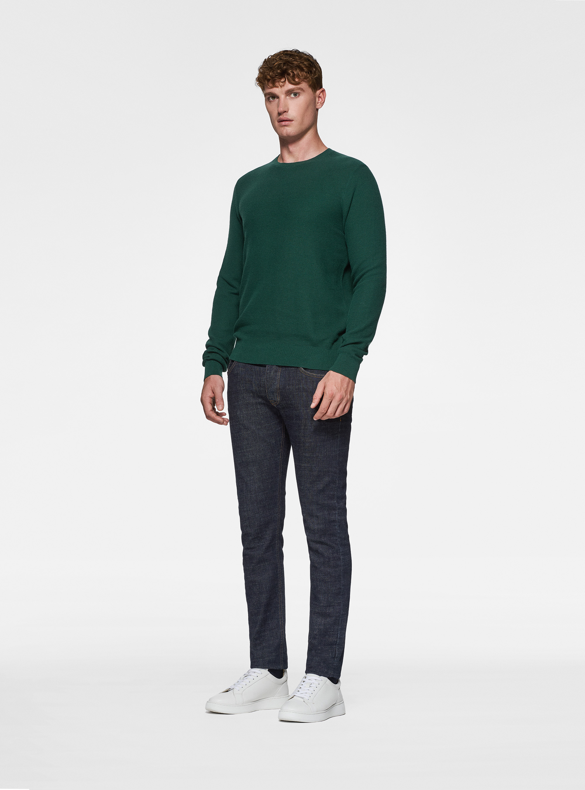 Maglia girocollo nido d'ape in cotone cashmere, VERDE