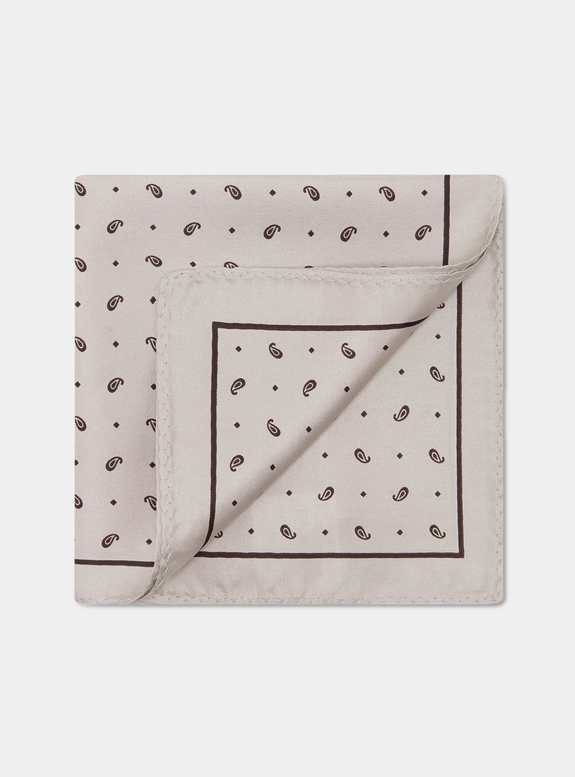 Printed silk paisley pocket square, ECRU/MARRONE EM01