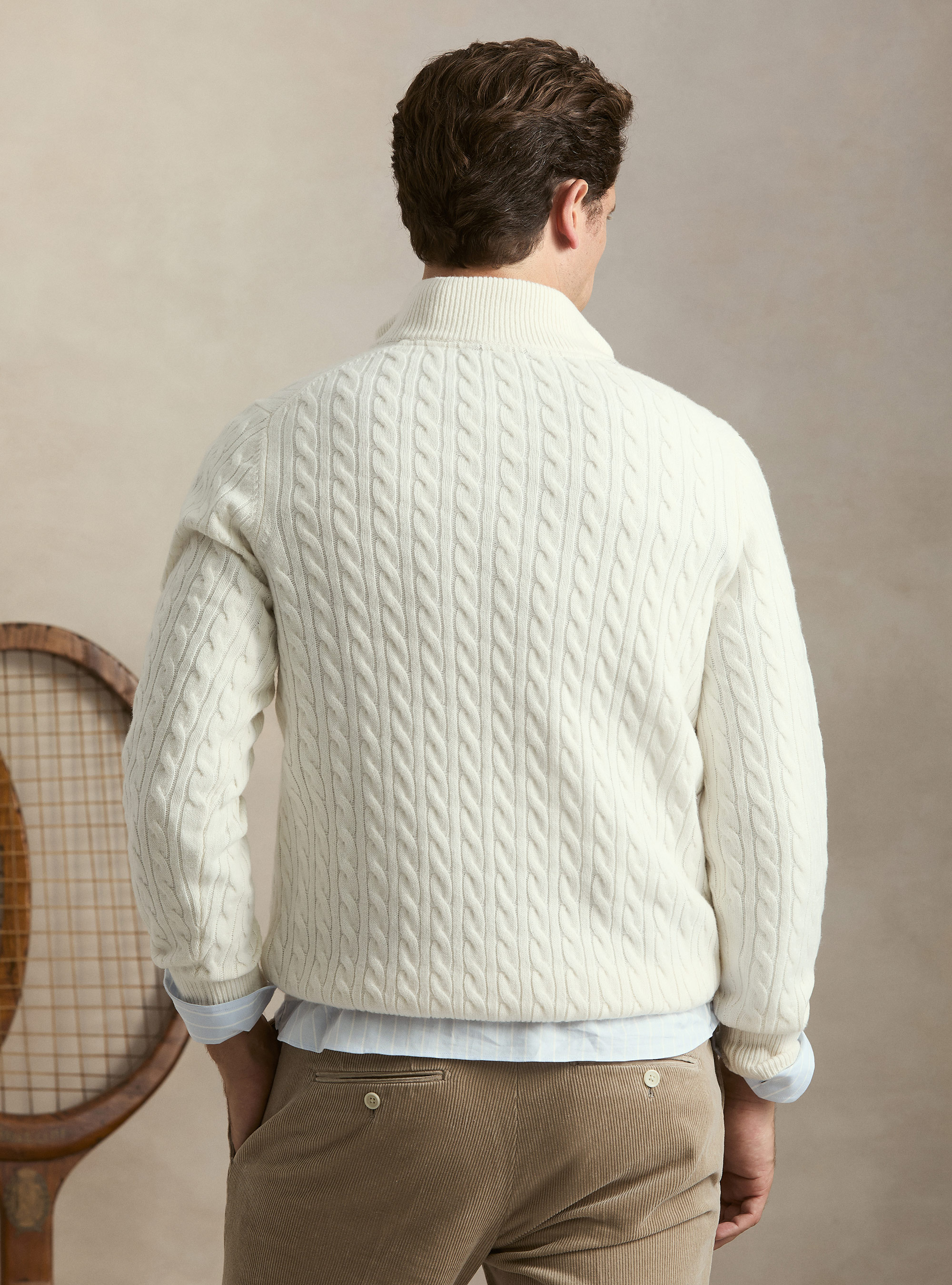 Cable-knit wool and cashmere mock neck sweater, WHITE