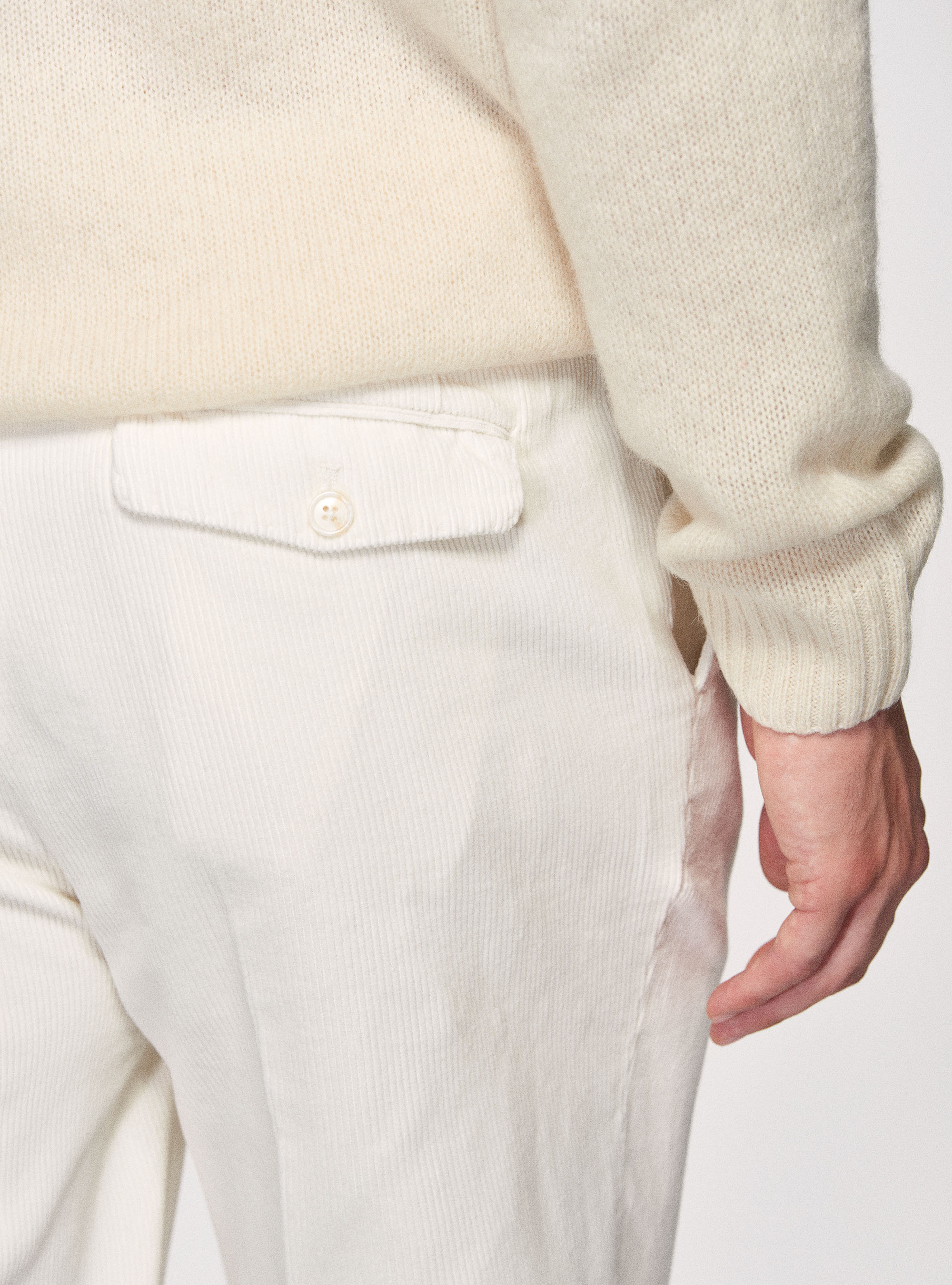 Pantaloni in velluto di cotone con cinturino laterale, PANNA