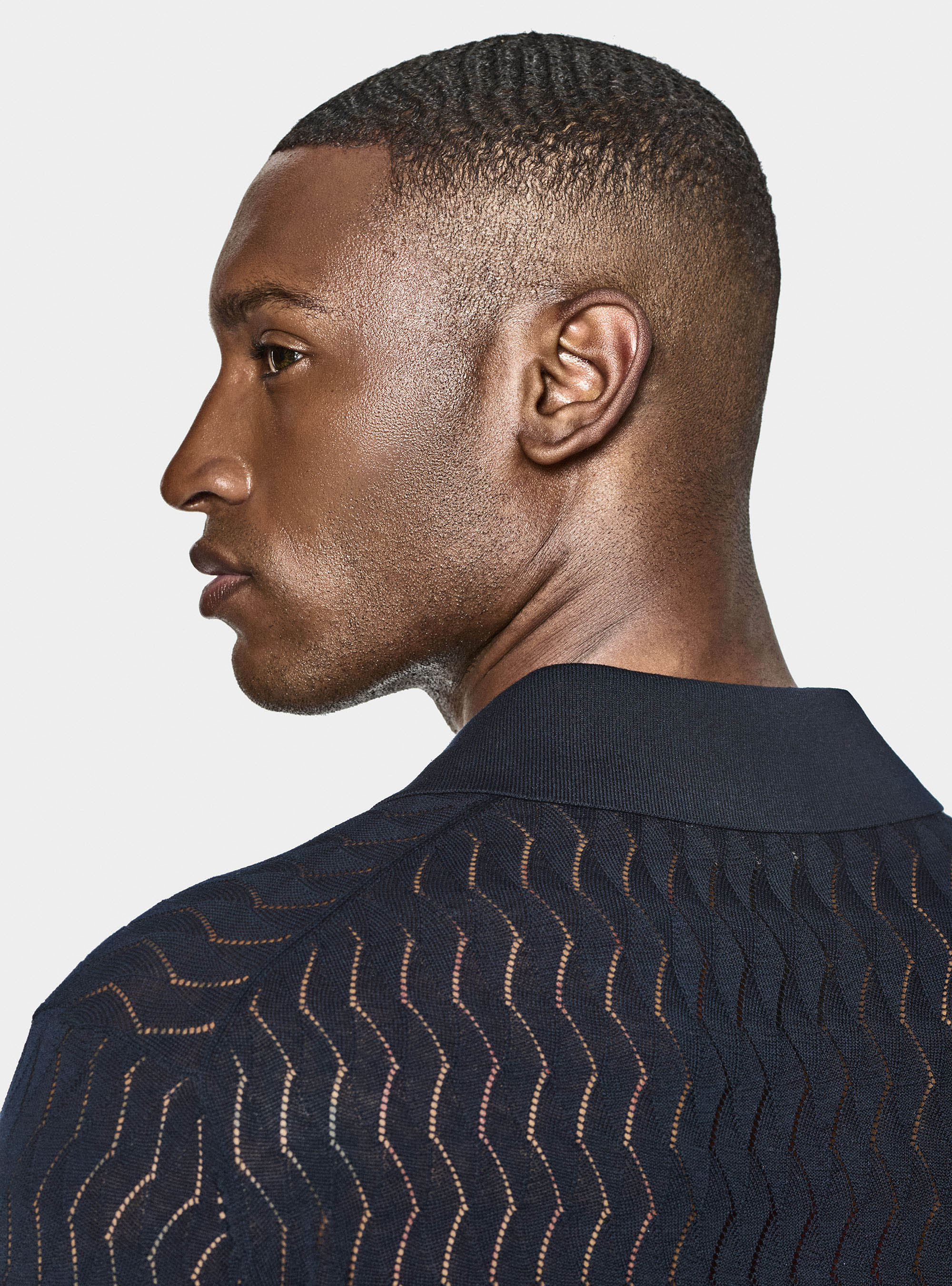 Polo camicia in maglia traforata in cotone e seta, BLU NAVY