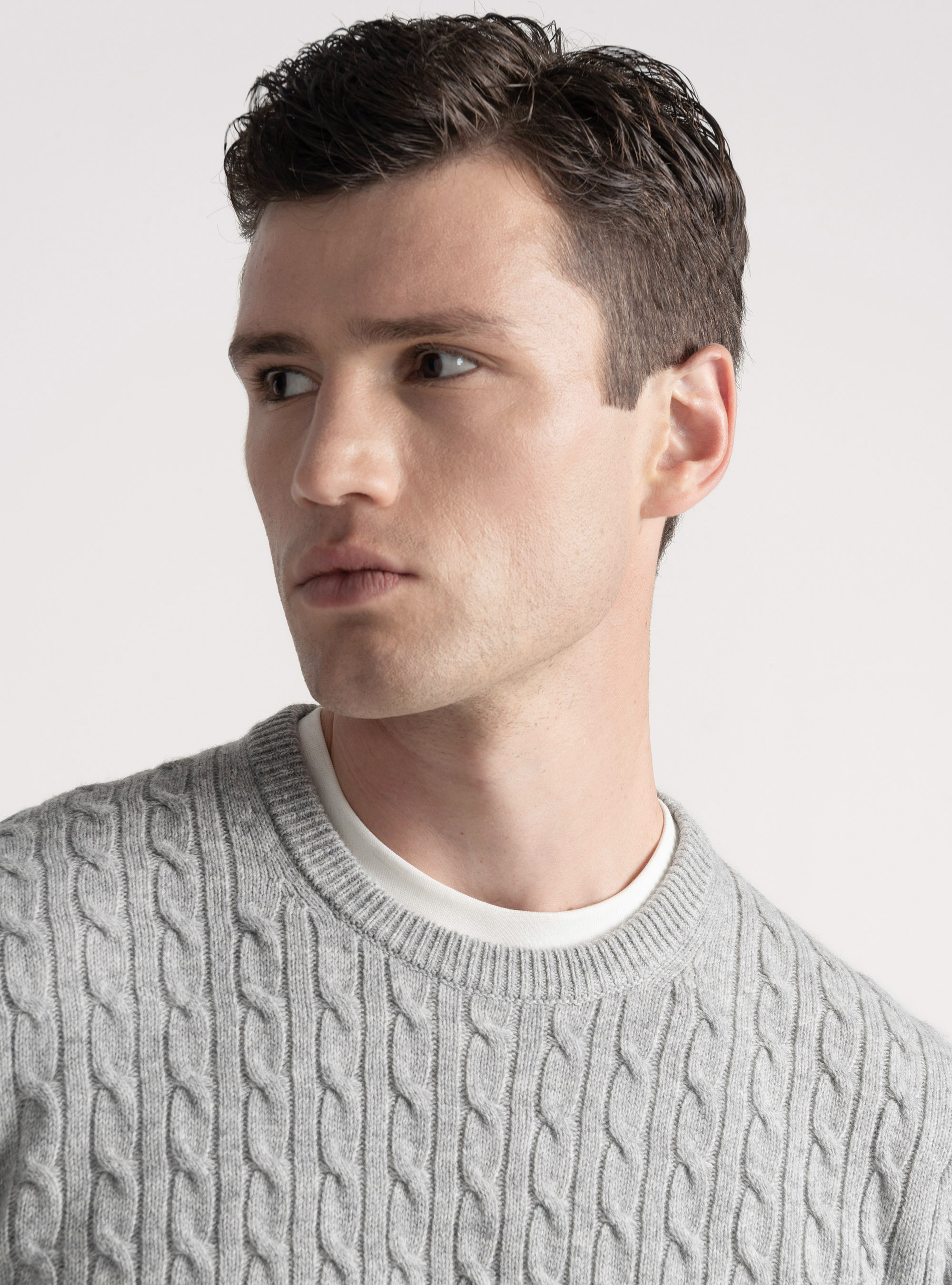 Crew-neck sweater with wool and cashmere braid, LIGHT GREY MELANGE