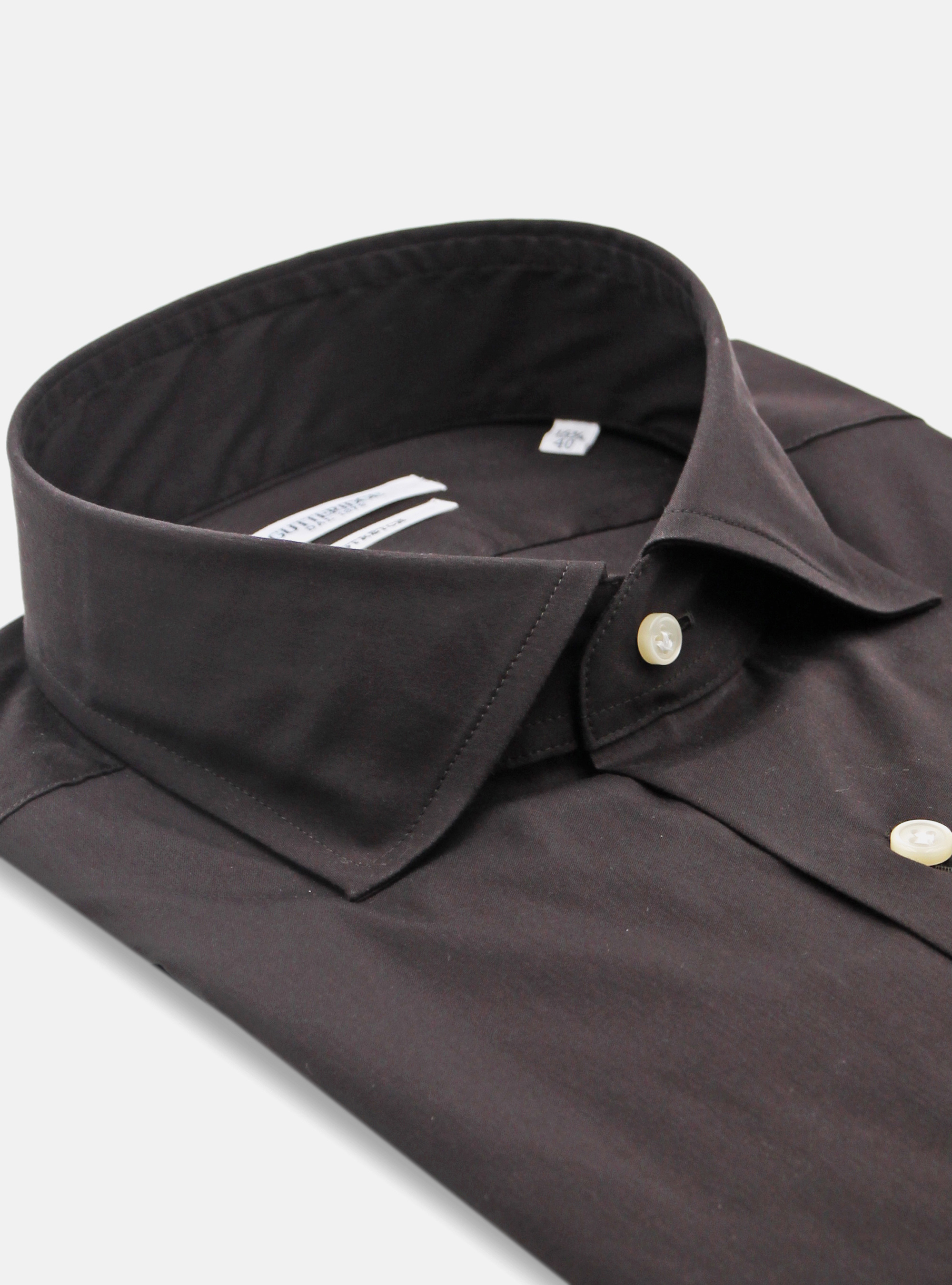 Camicia in cotone popeline stretch con collo francese semiaperto, MARRONE