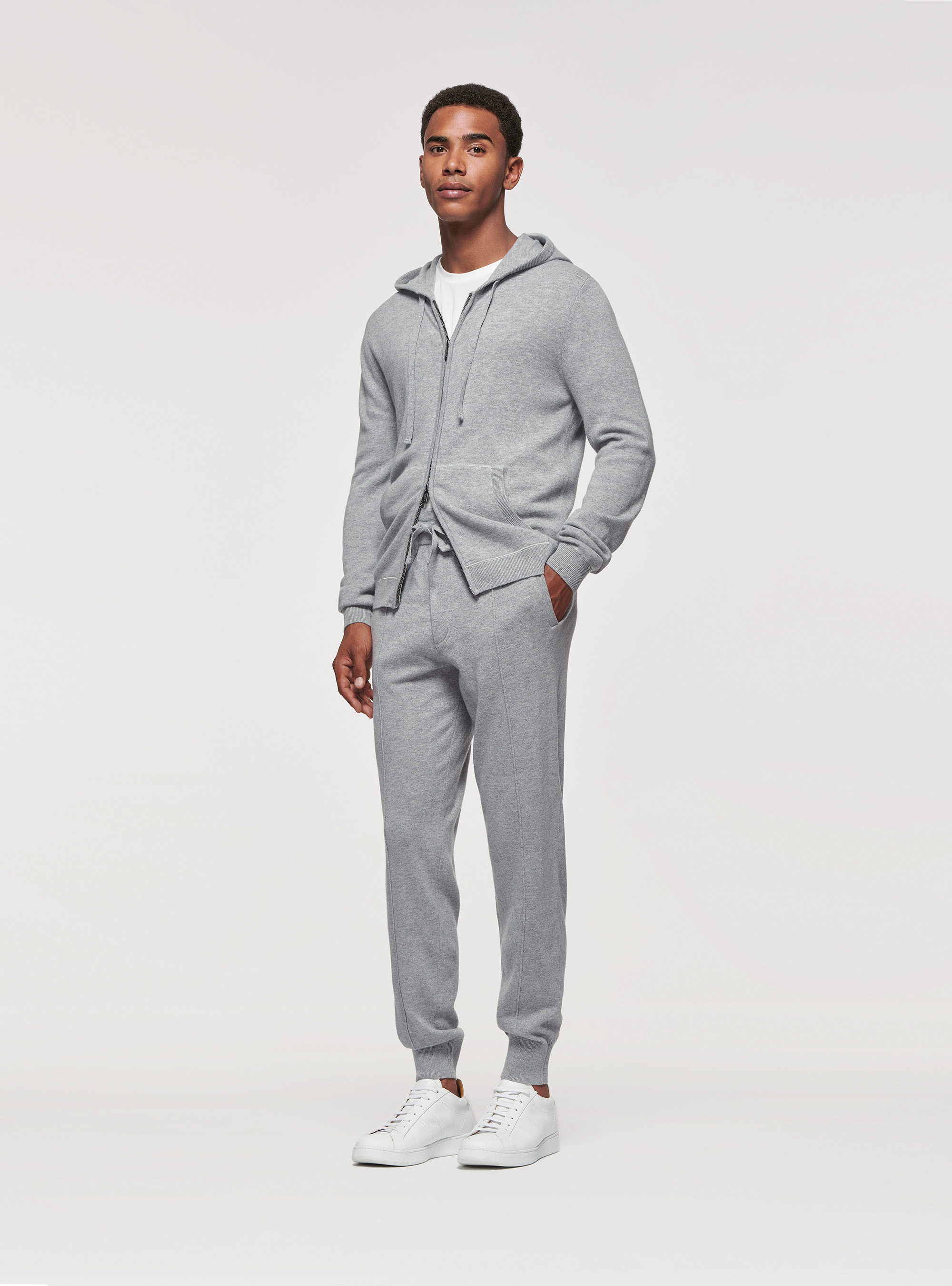 Maglia con zip e cappuccio in lana lambswool e cashmere, GRIGIO MELANGE 0151C