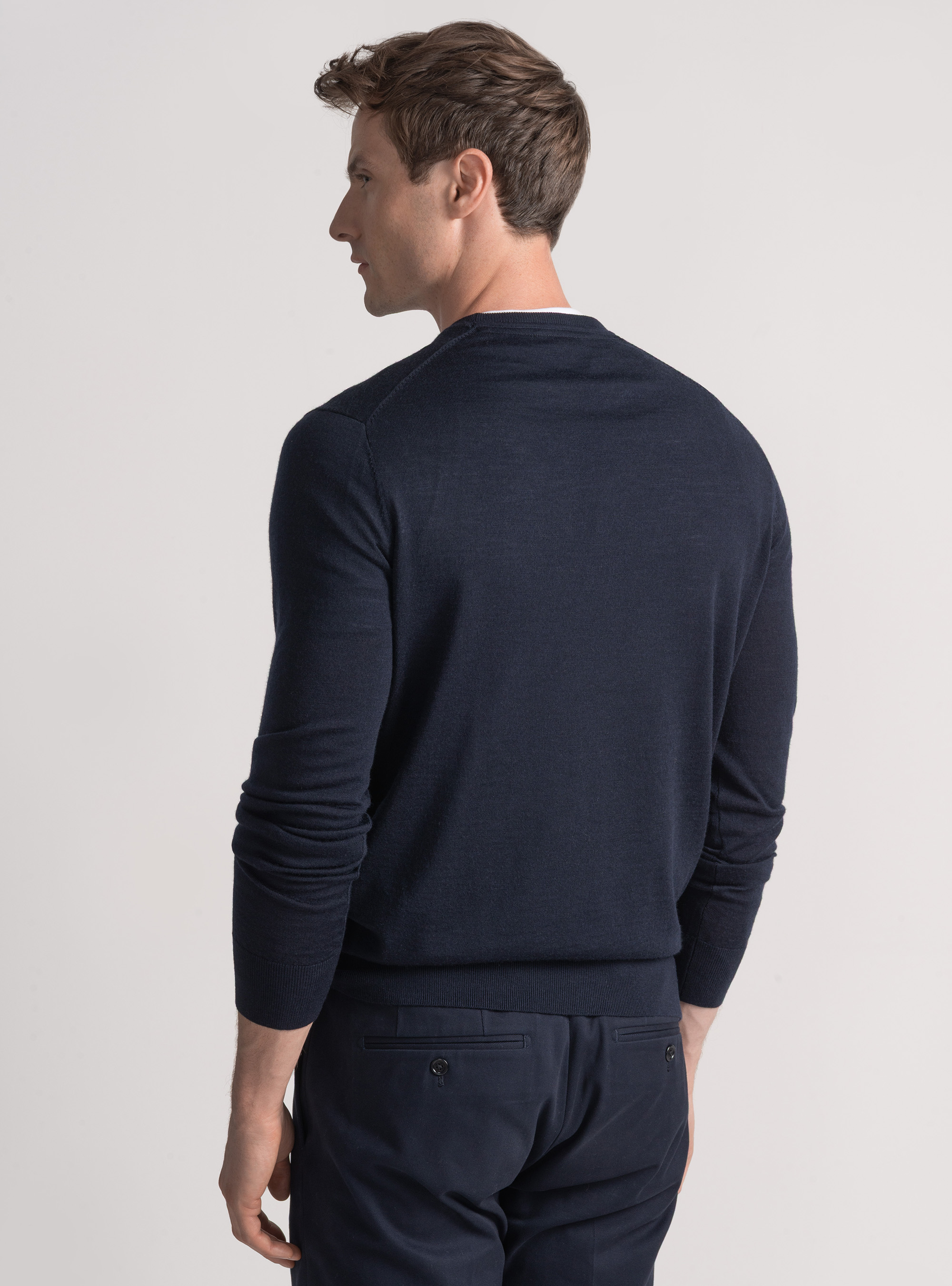 Punto de cuello redondo de pura lana merina extrafina, AZUL MARINO