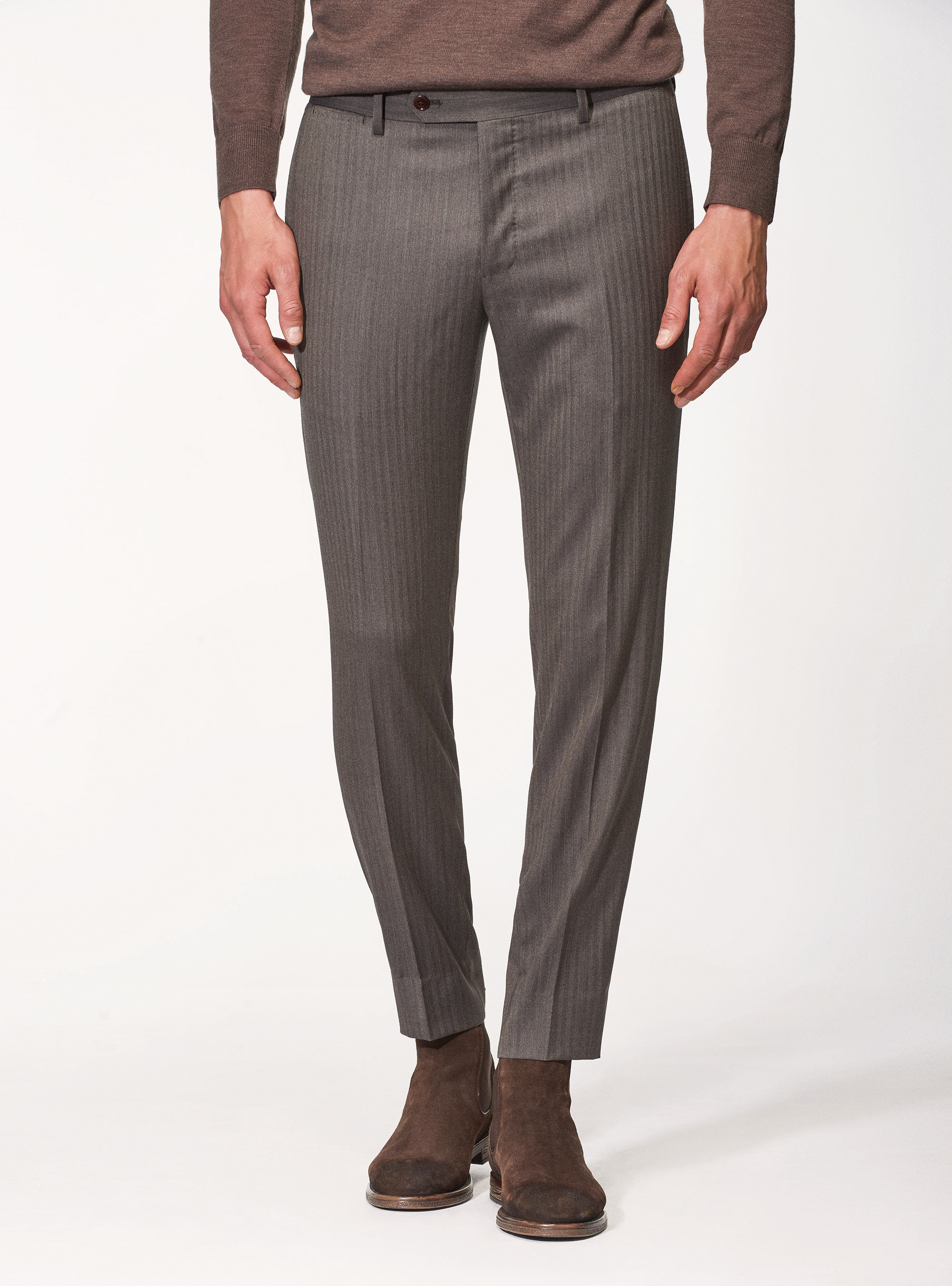 Pantaloni per abito in pura lana spigata superfine 110's Vitale Barberis Canonico, FANGO