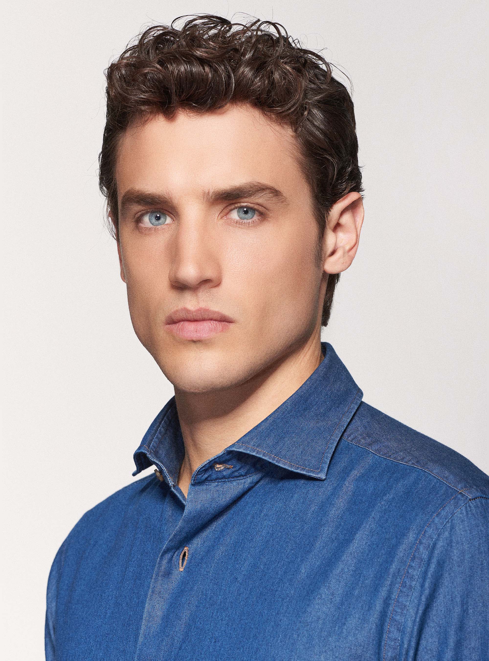 Camicia denim in cotone chambray, BLU NAVY