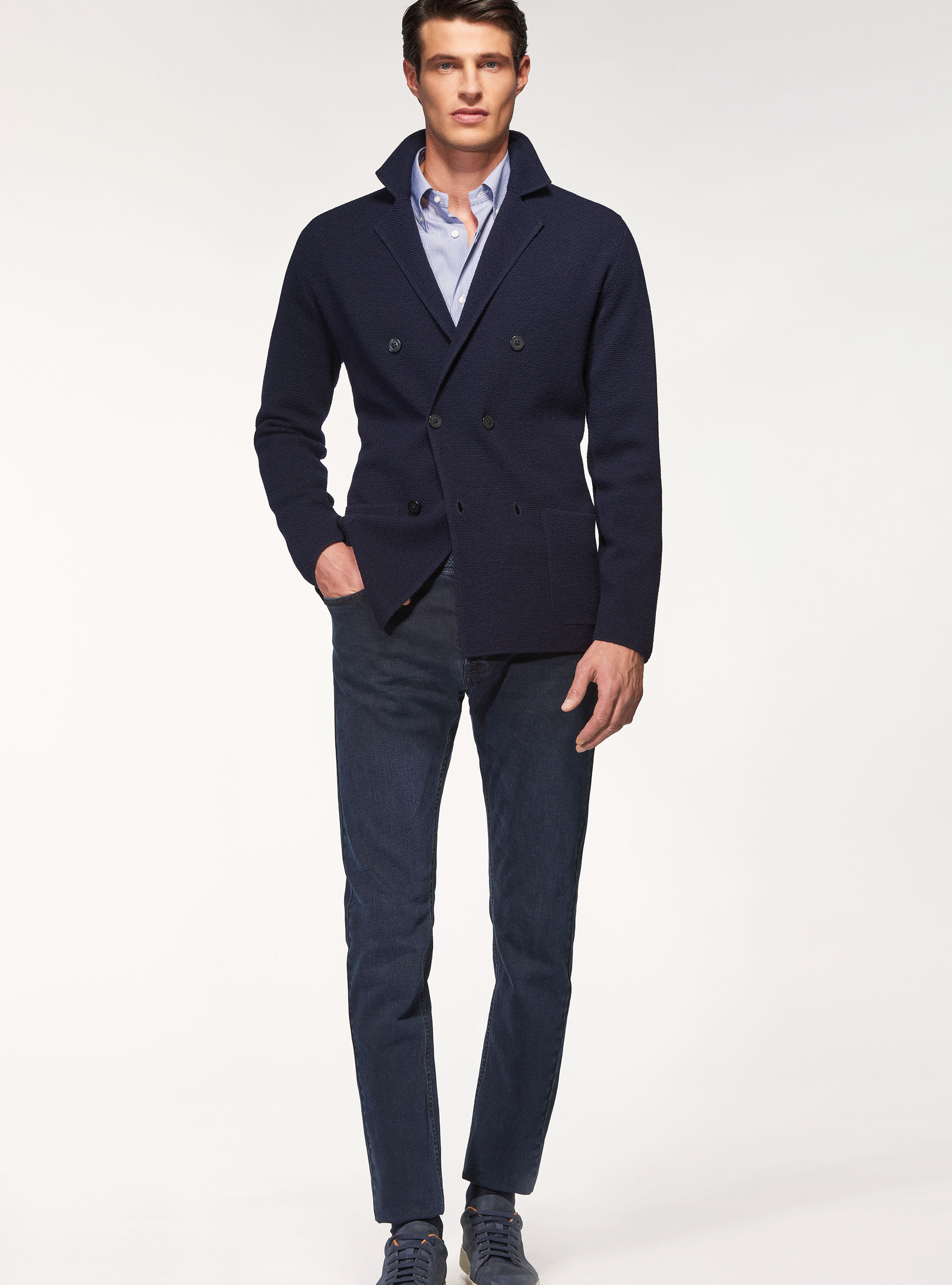 Cardigan in maglia doppiopetto in pura lana merino, BLU NAVY