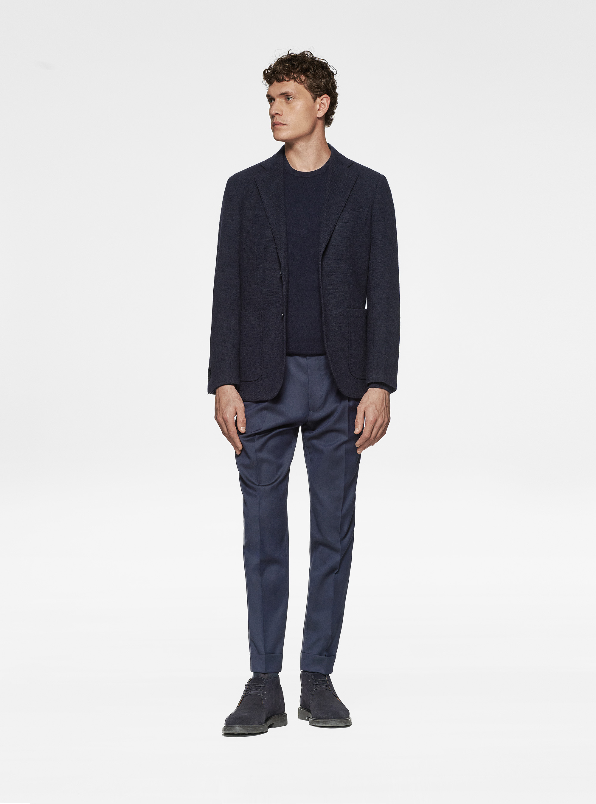 Giacca sfoderata in jersey di lana e cotone, BLU NAVY