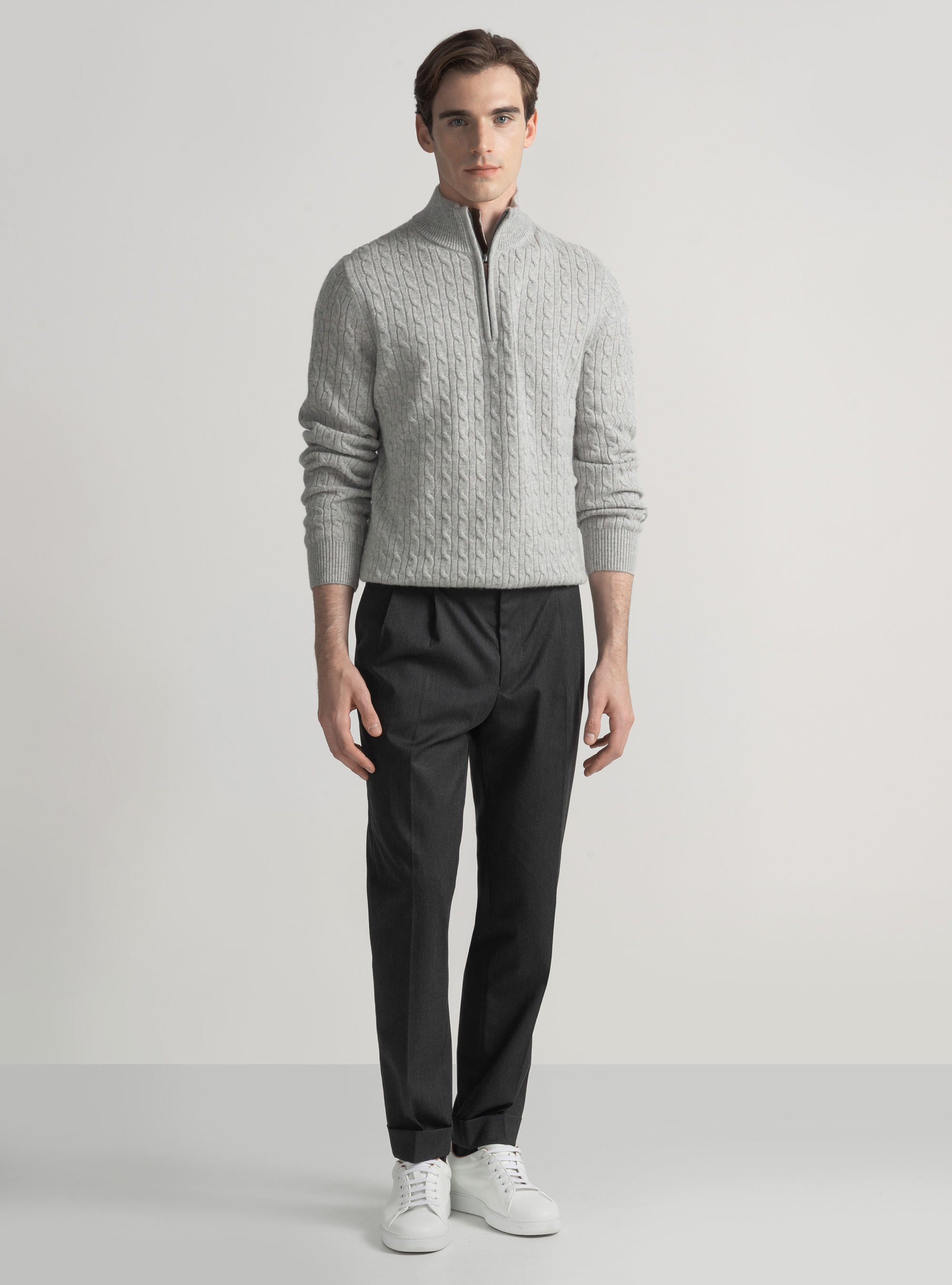 Sweater with mock neck and cashmere wool braid, LIGHT GREY MELANGE