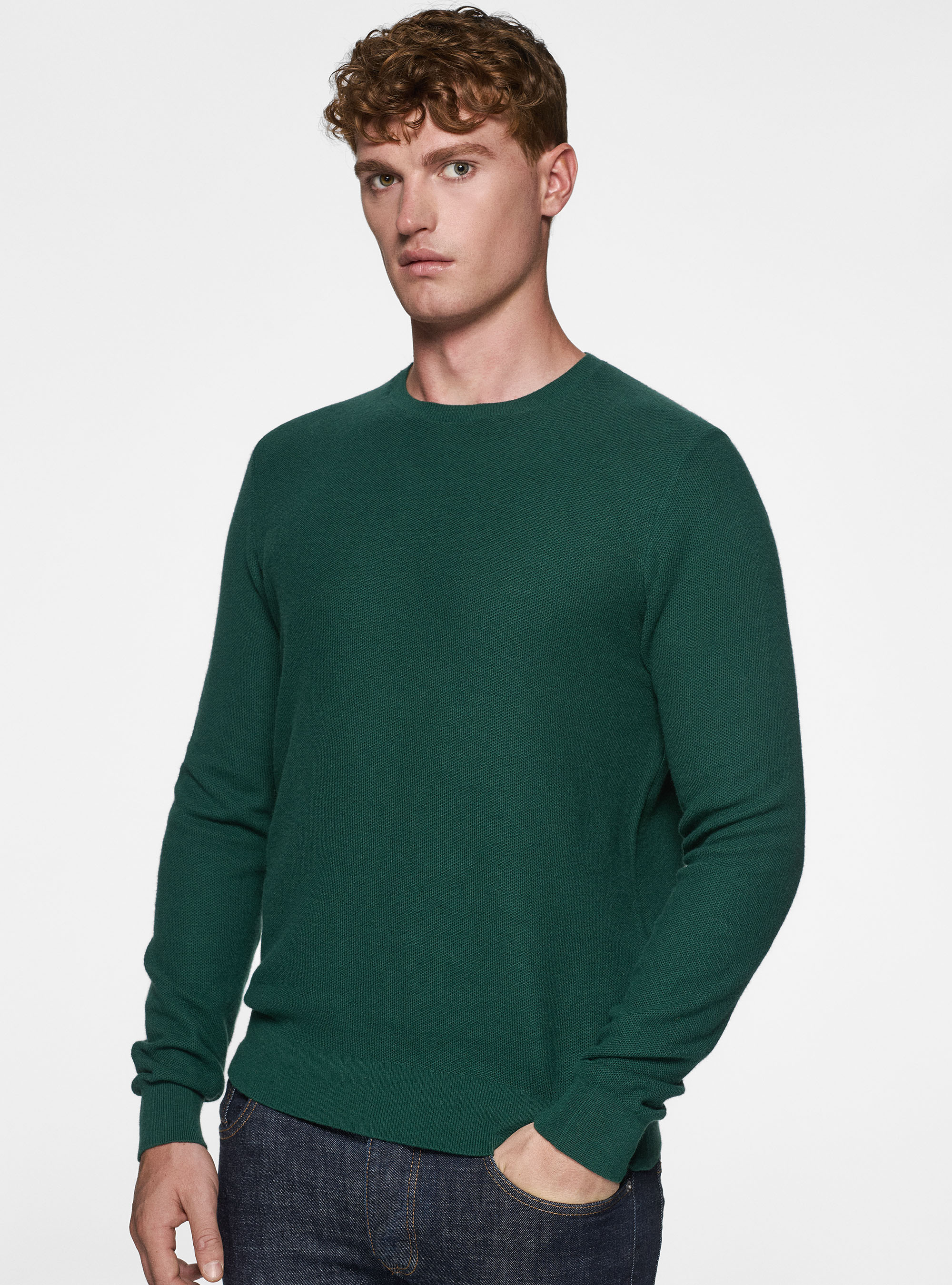 Maglia girocollo nido d'ape in cotone cashmere, VERDE