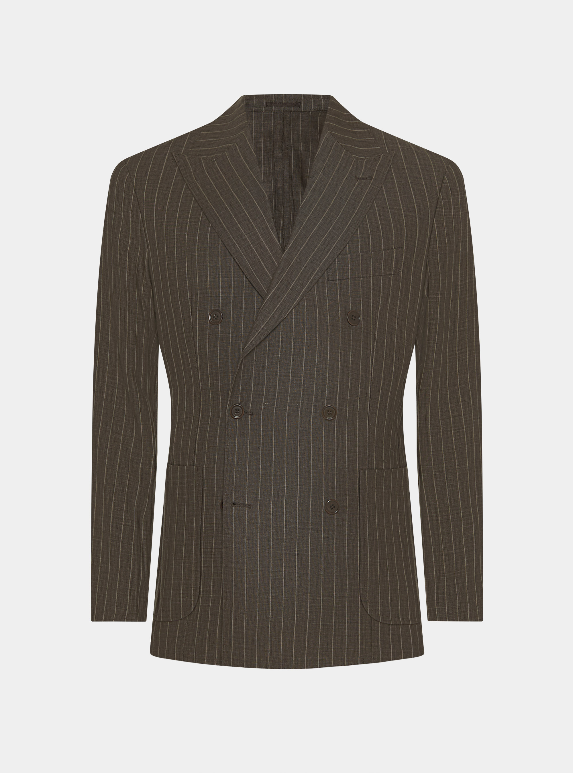 Americana de traje de raya diplom&aacute;tica con doble botonadura en lino delav&eacute;, MARRON