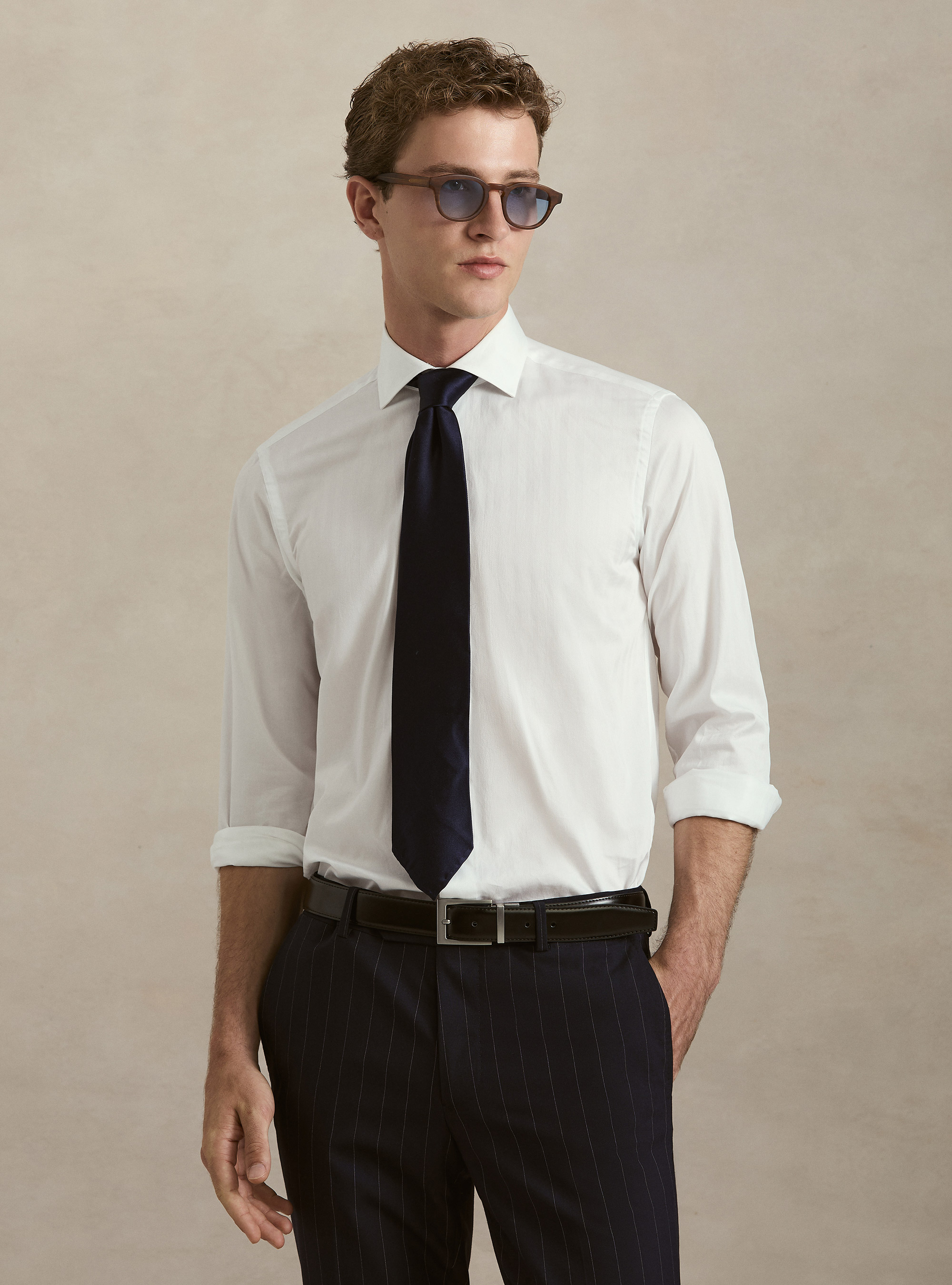 Camicia in twill di cotone spigato, BIANCO