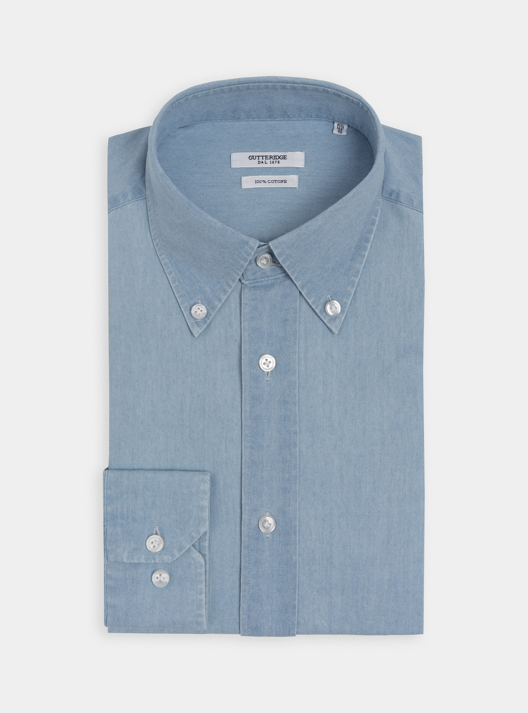 Camisa de chambray de algod&oacute;n con cuello abotonado, CELESTE