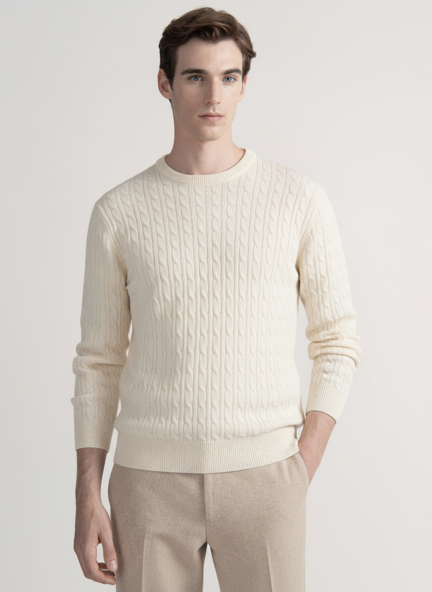Braided crew neck sweater in pure cashmere, WHITE