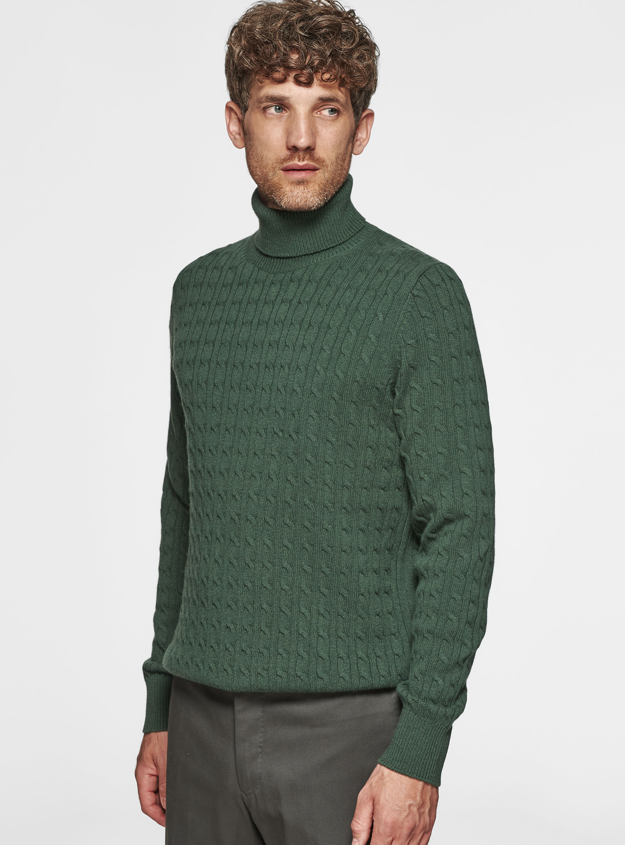 Maglia collo alto in lana cashmere con treccia, MILITARE 0609C