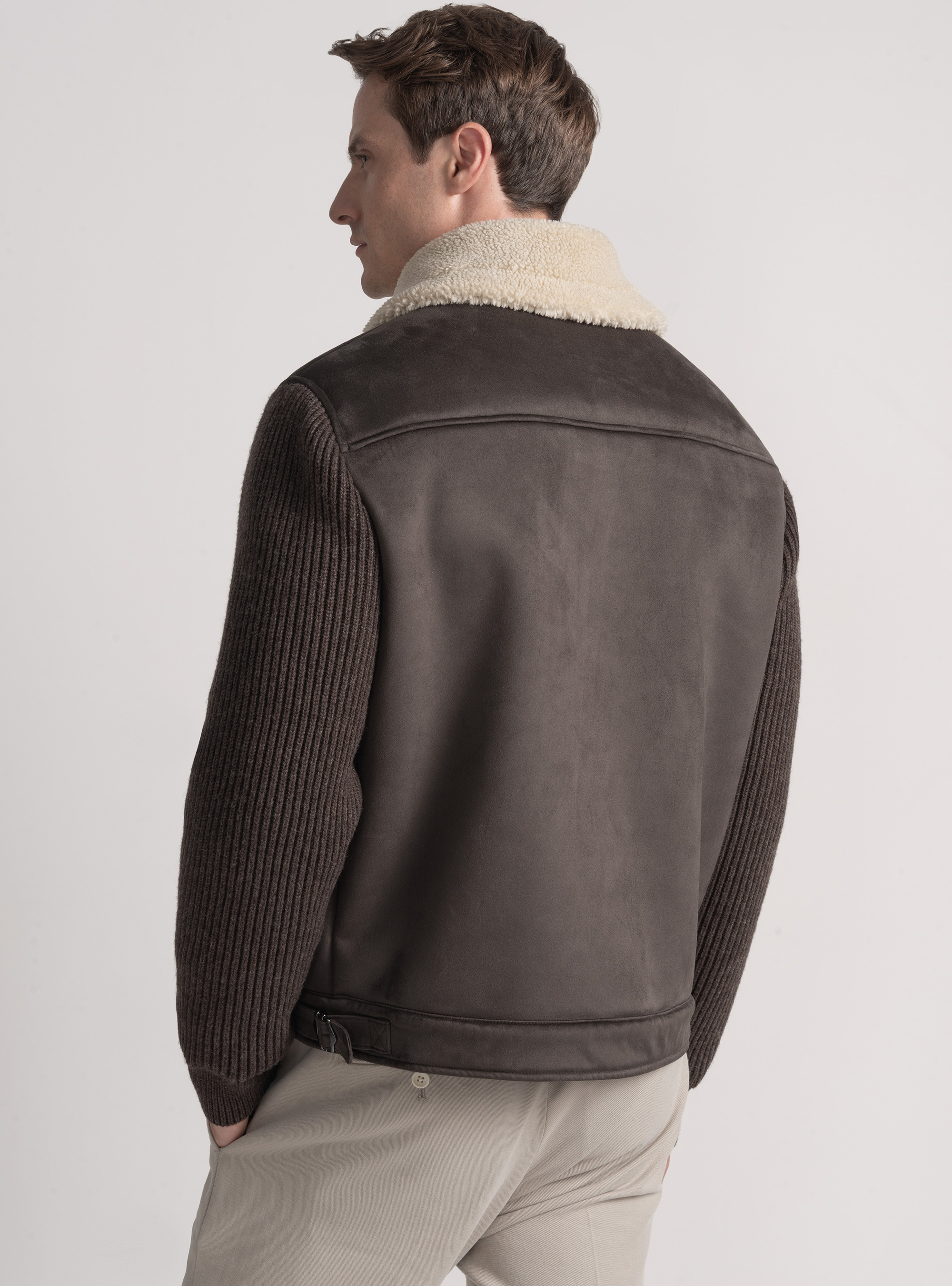 Suede-effect sheepskin with knitted sleeves, BROWN