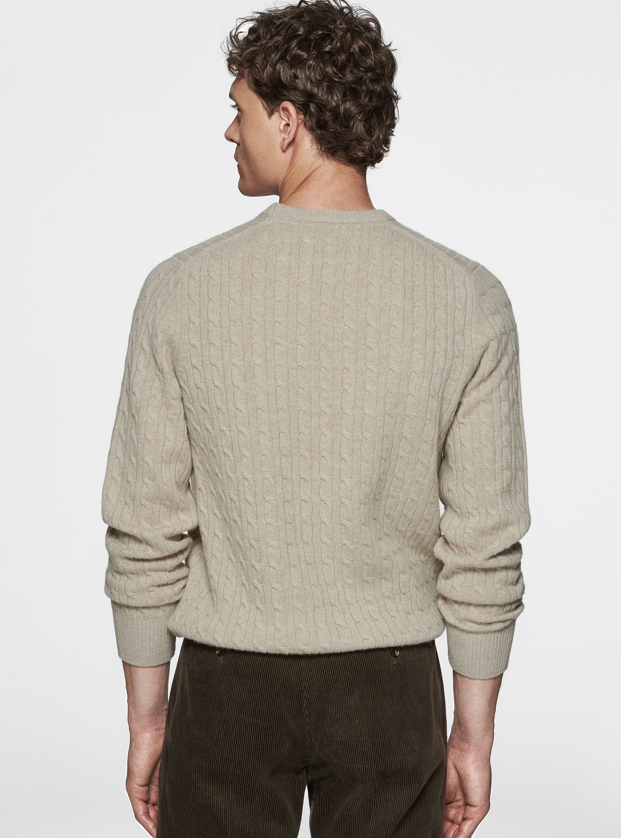 Maglia girocollo con treccia in lana e cashmere, ECRU