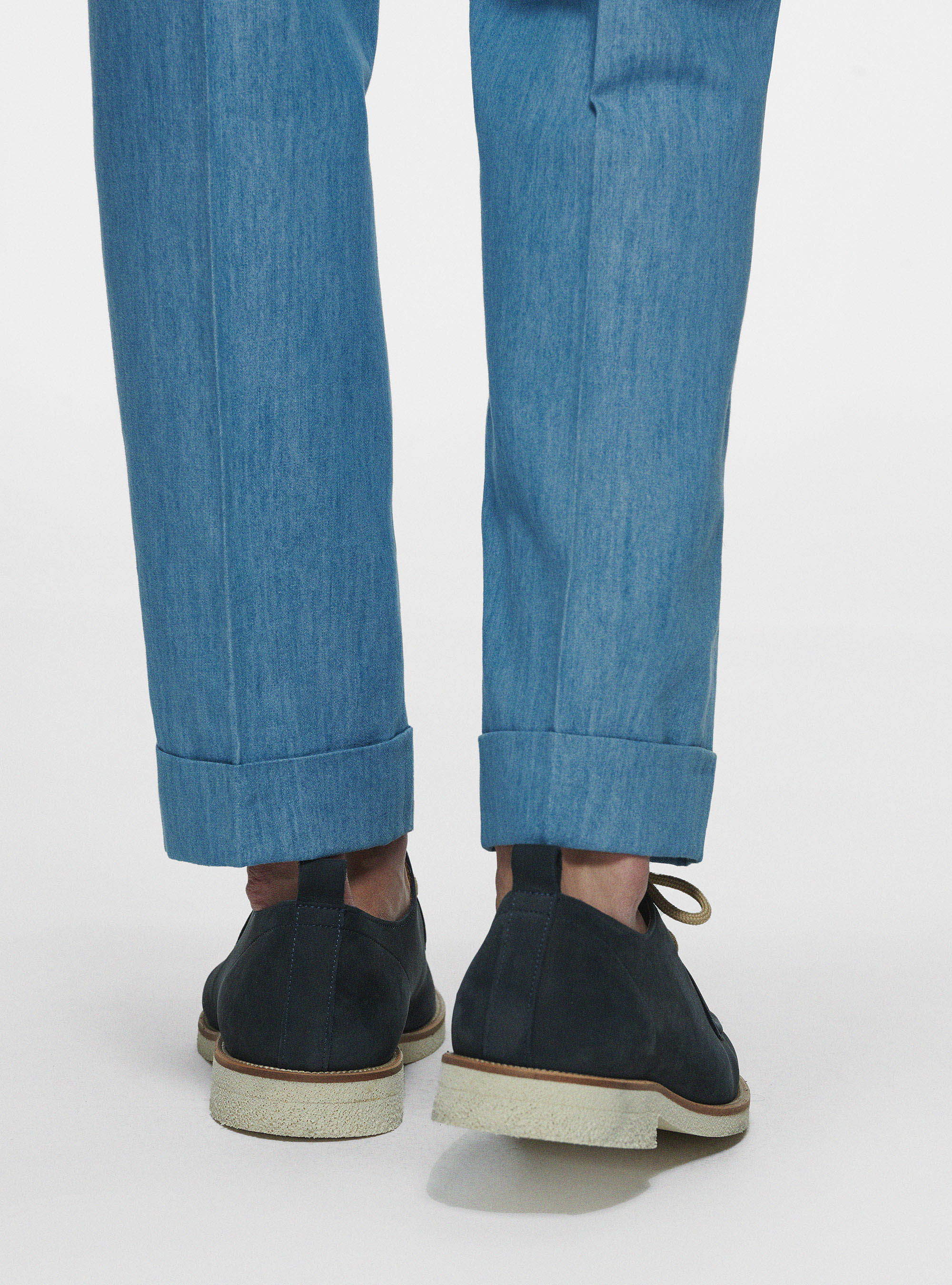 Pantaloni chambray in puro cotone, AZZURRO