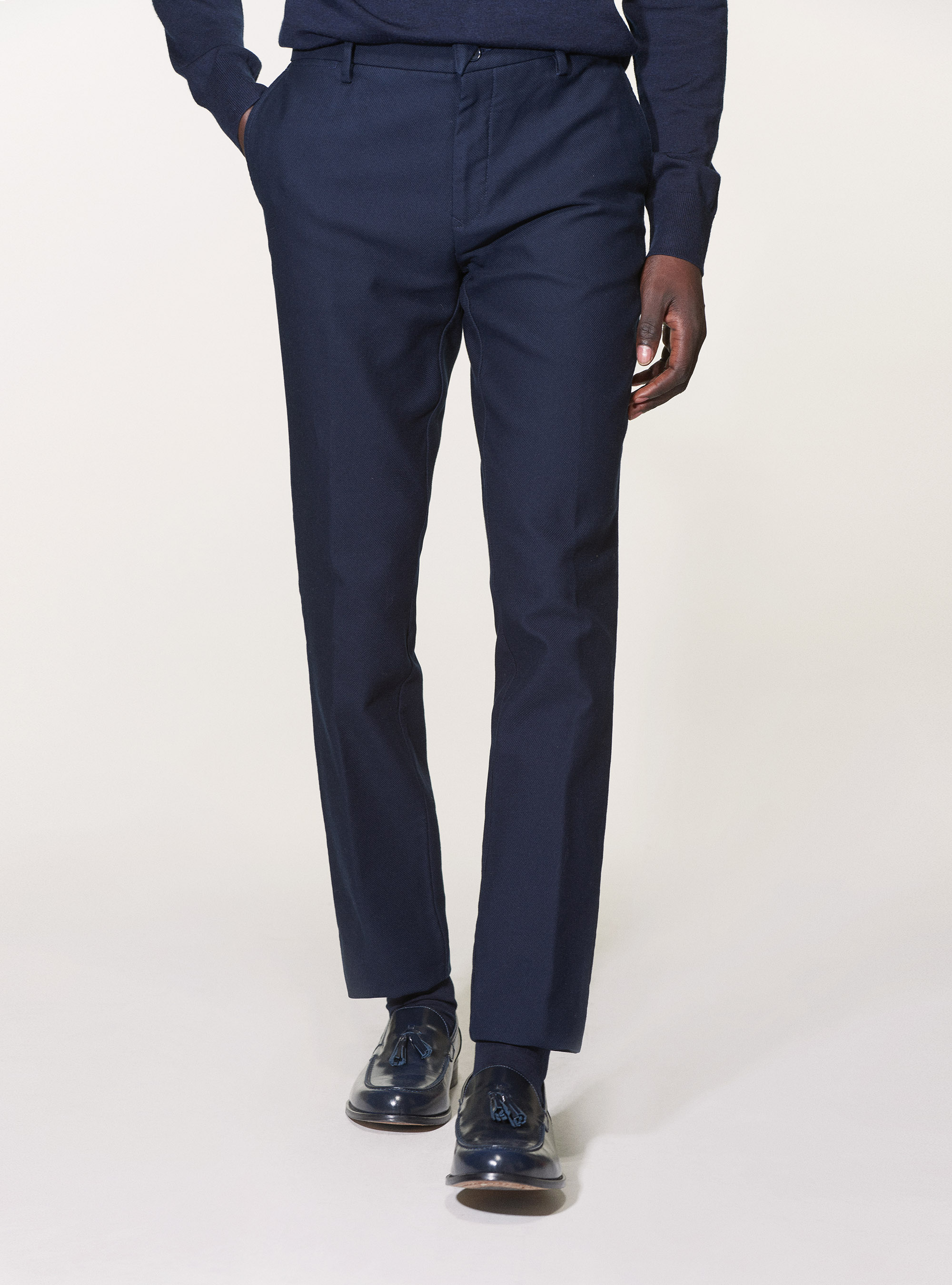 Weave cotton slim fit chino trousers, NAVY BLUE