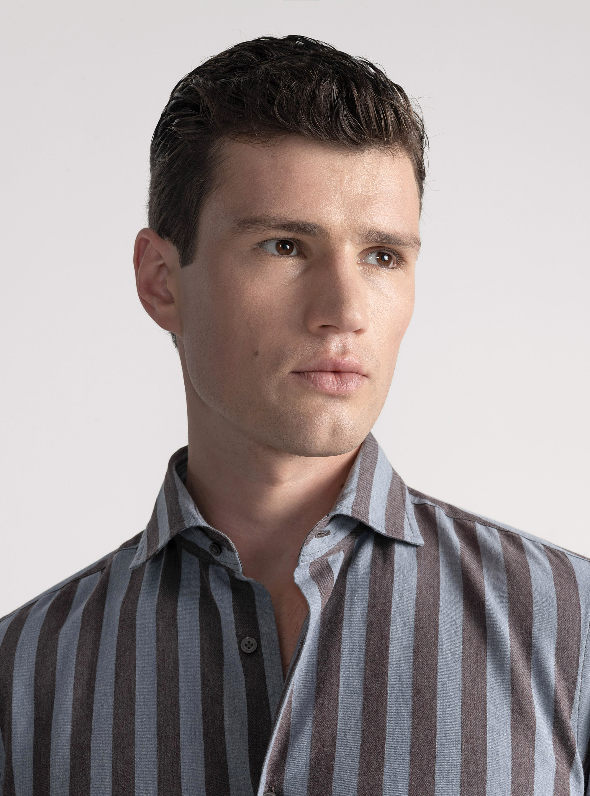 Camicia rigata in flanella di misto cotone, MARRONE