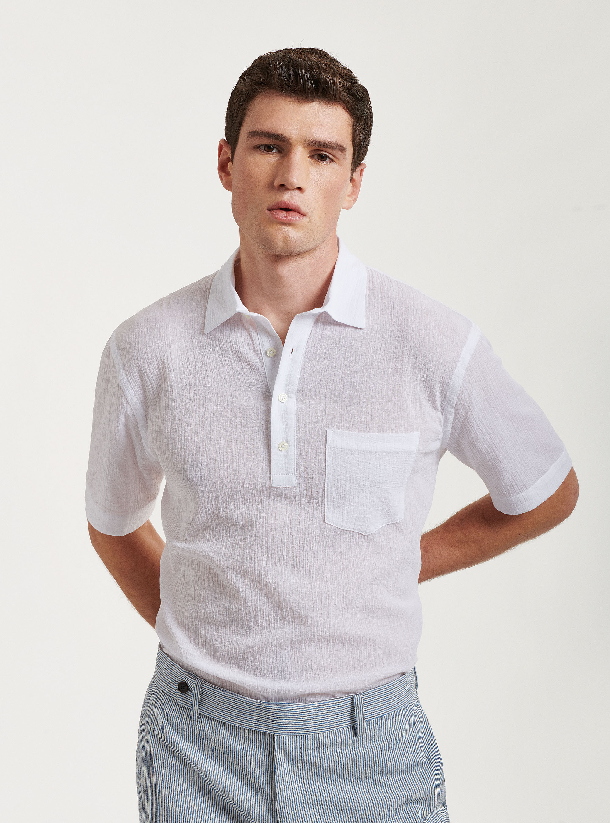 Halbarm-Poloshirt aus Baumwoll-Cr&ecirc;pe, BIANCO 0099C