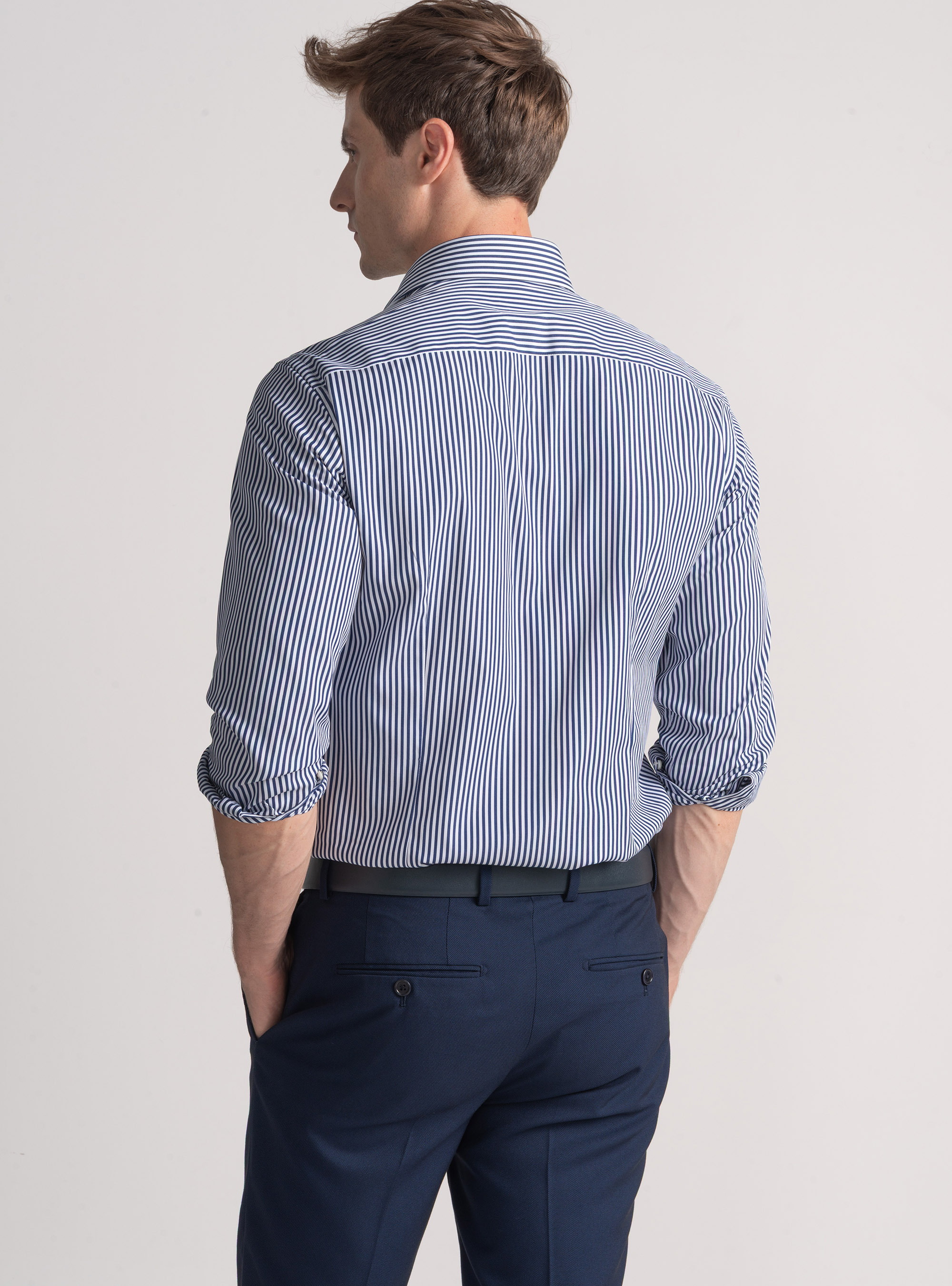 Camisa de popelina de algodón a rayas, AZUL MARINO