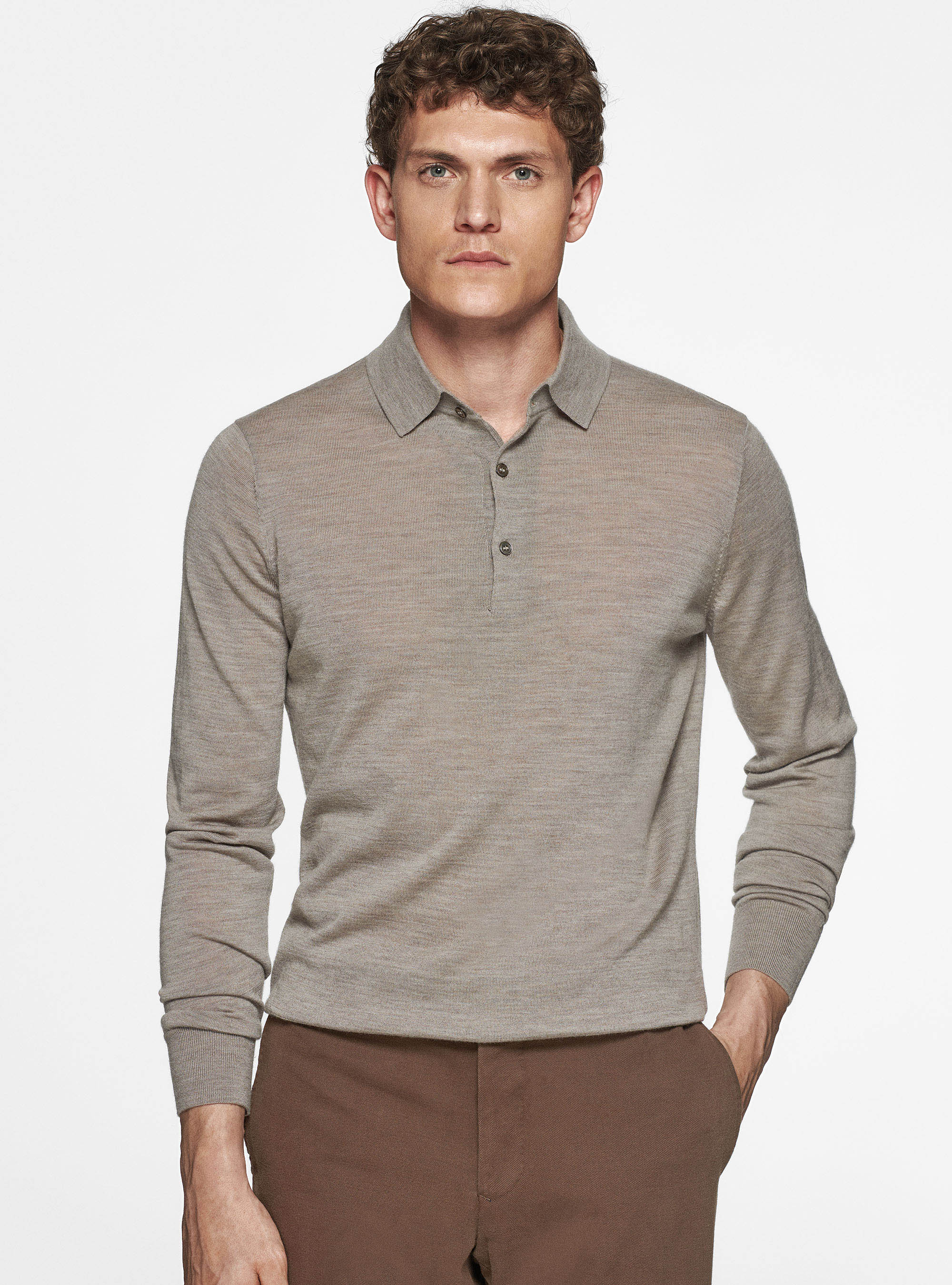 Maglia a polo in pura lana merino extrafine, FANGO