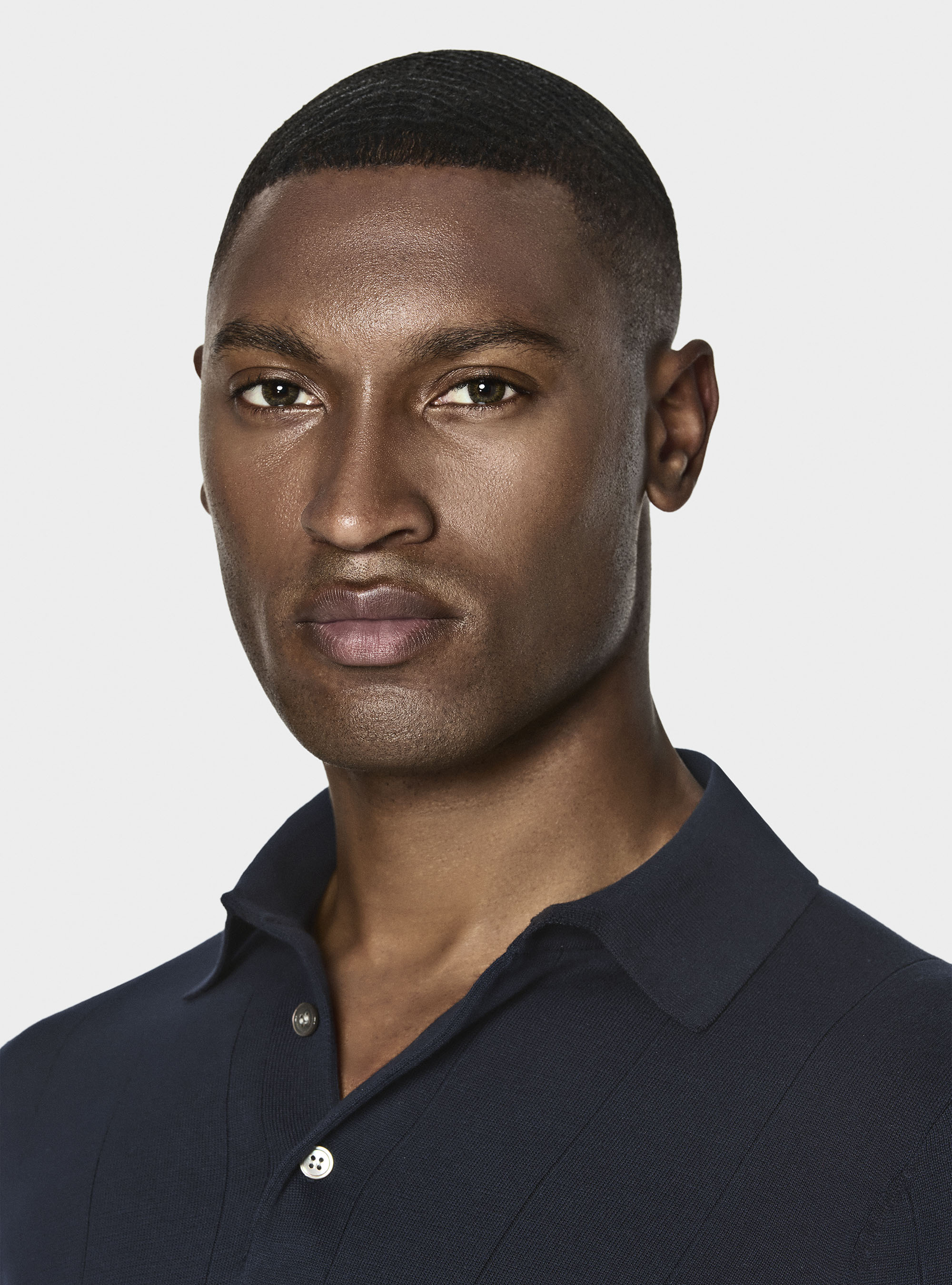 Polo à manches longues en tricot, BLEU MARINE