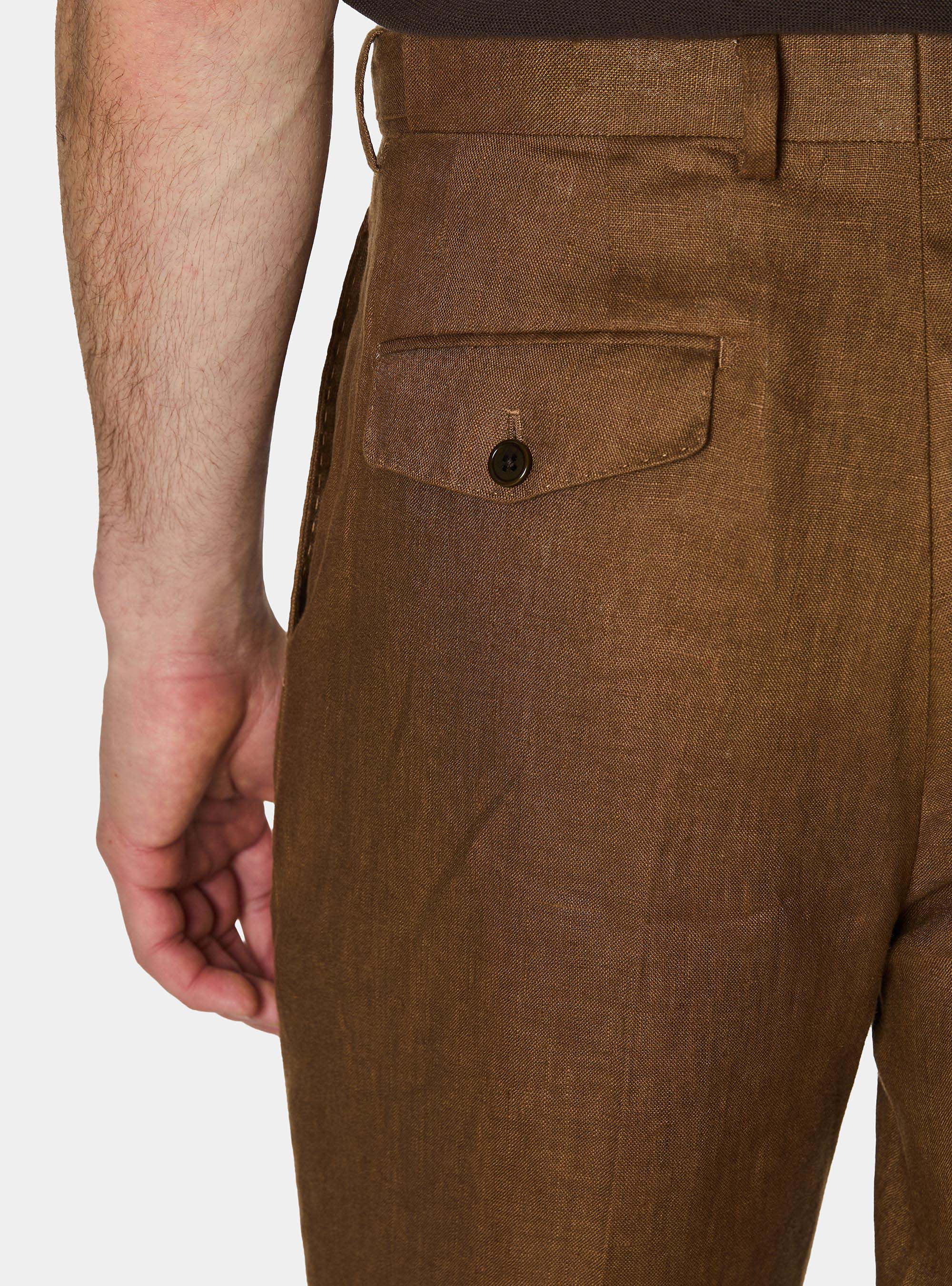 Pantaloni con pince in puro lino, TABACCO