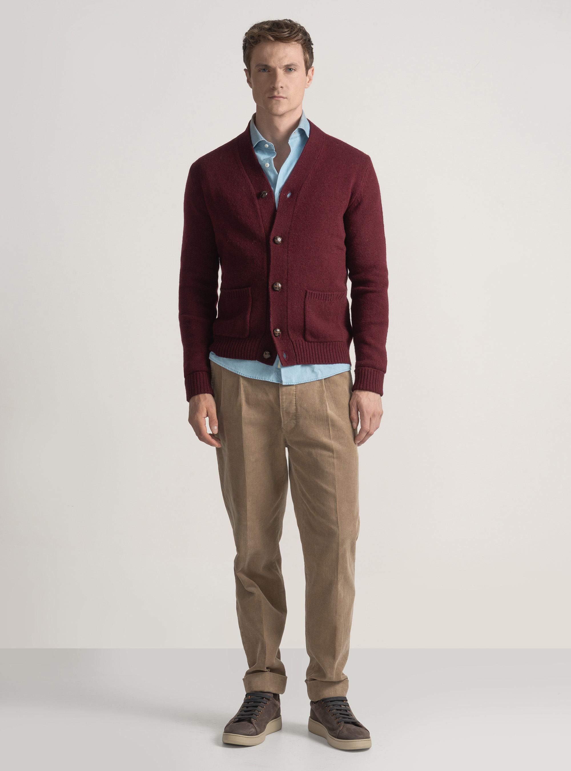 Shetland wool knit cardigan, BORDEAUX