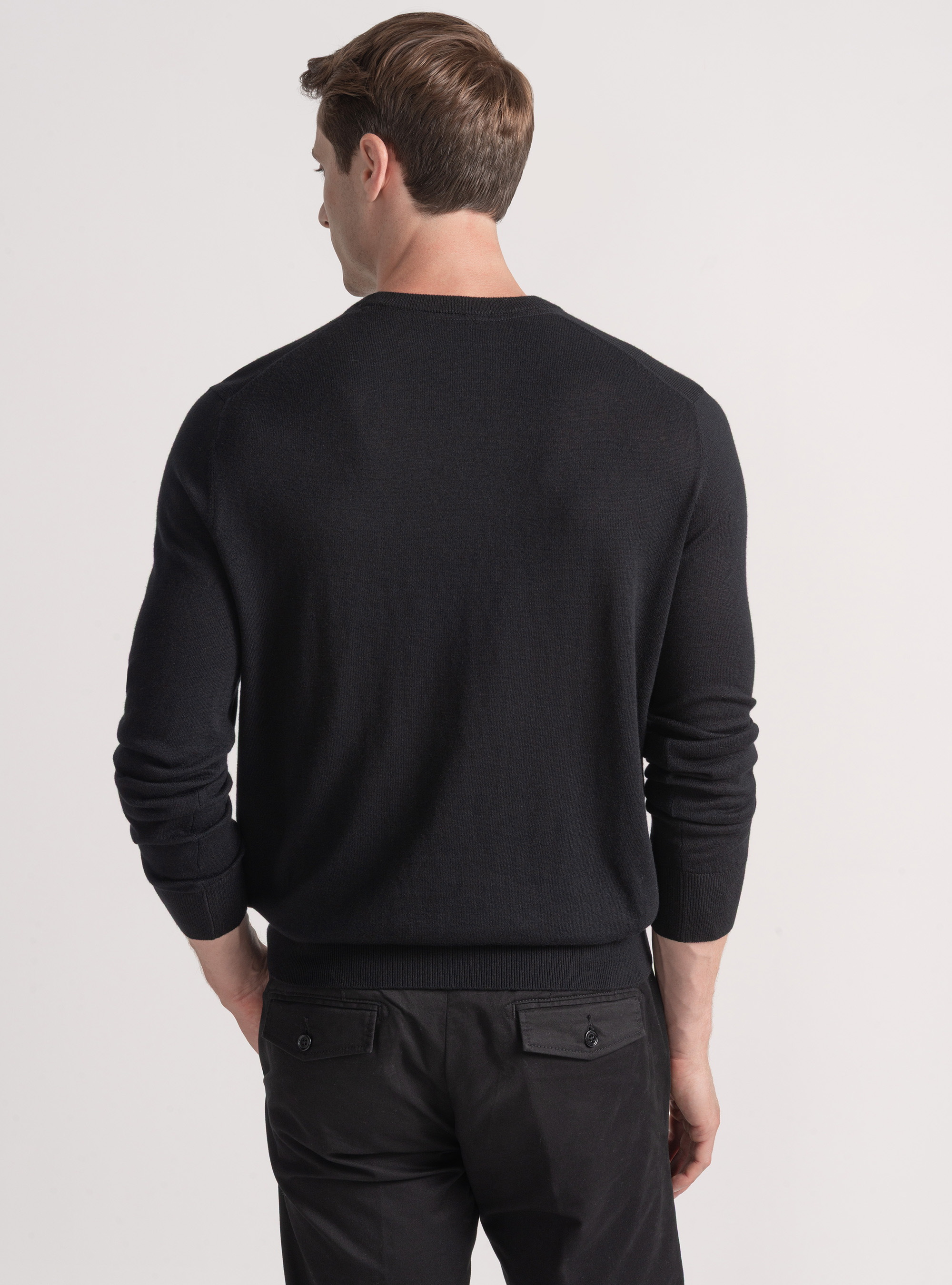 Punto de cuello redondo de algodón, seda y cachemira, NEGRO